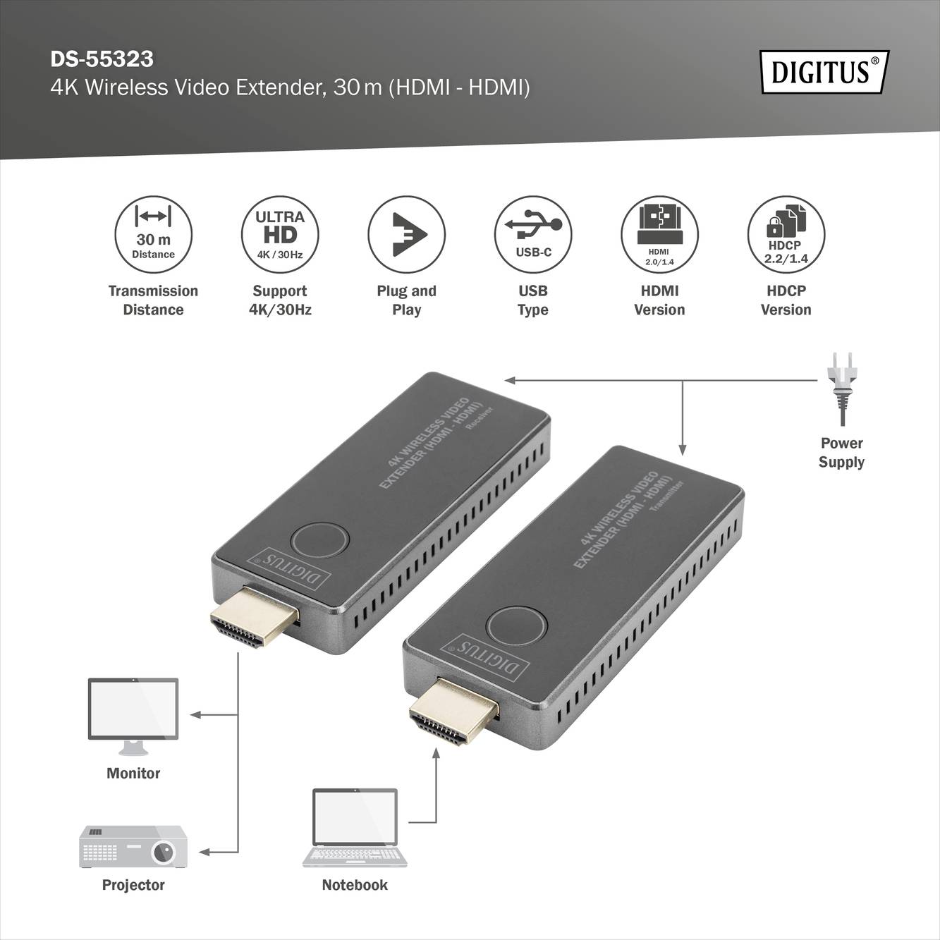 Digitus DS-55323 HDMI-Funkübertragung (Set) 30m 3840 x 2160 Pixel integrierte LED-Anzeige, mobile Variante