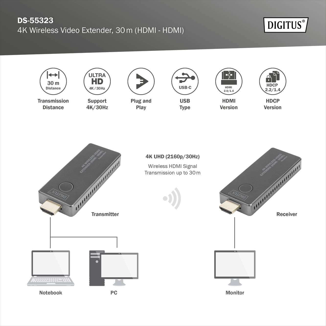 Digitus DS-55323 HDMI-Funkübertragung (Set) 30m 3840 x 2160 Pixel integrierte LED-Anzeige, mobile Variante