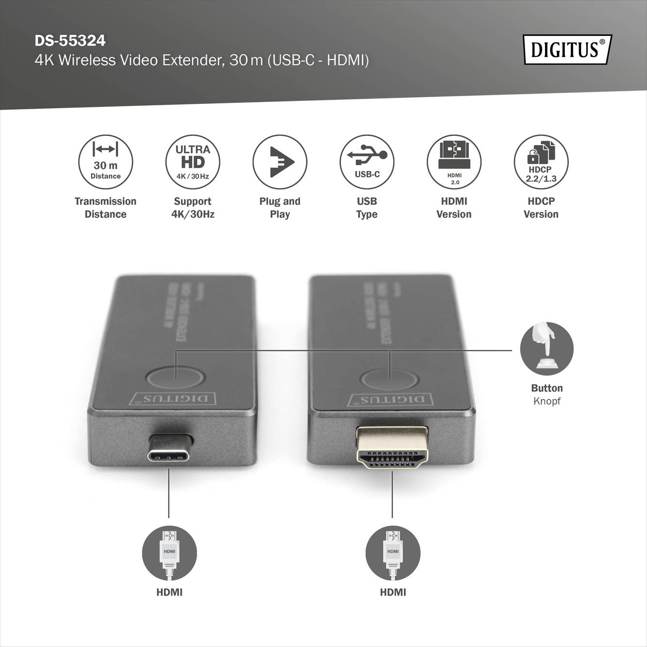 Digitus DS-55324 HDMI-Funkübertragung (Set) 30m 3840 x 2160 Pixel integrierte LED-Anzeige, mobile Variante
