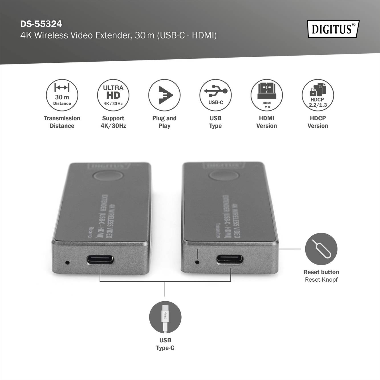 Digitus DS-55324 HDMI-Funkübertragung (Set) 30m 3840 x 2160 Pixel integrierte LED-Anzeige, mobile Variante