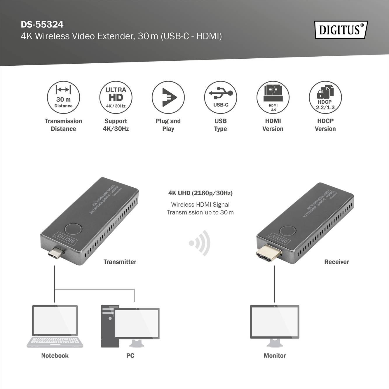 Digitus DS-55324 HDMI-Funkübertragung (Set) 30m 3840 x 2160 Pixel integrierte LED-Anzeige, mobile Variante