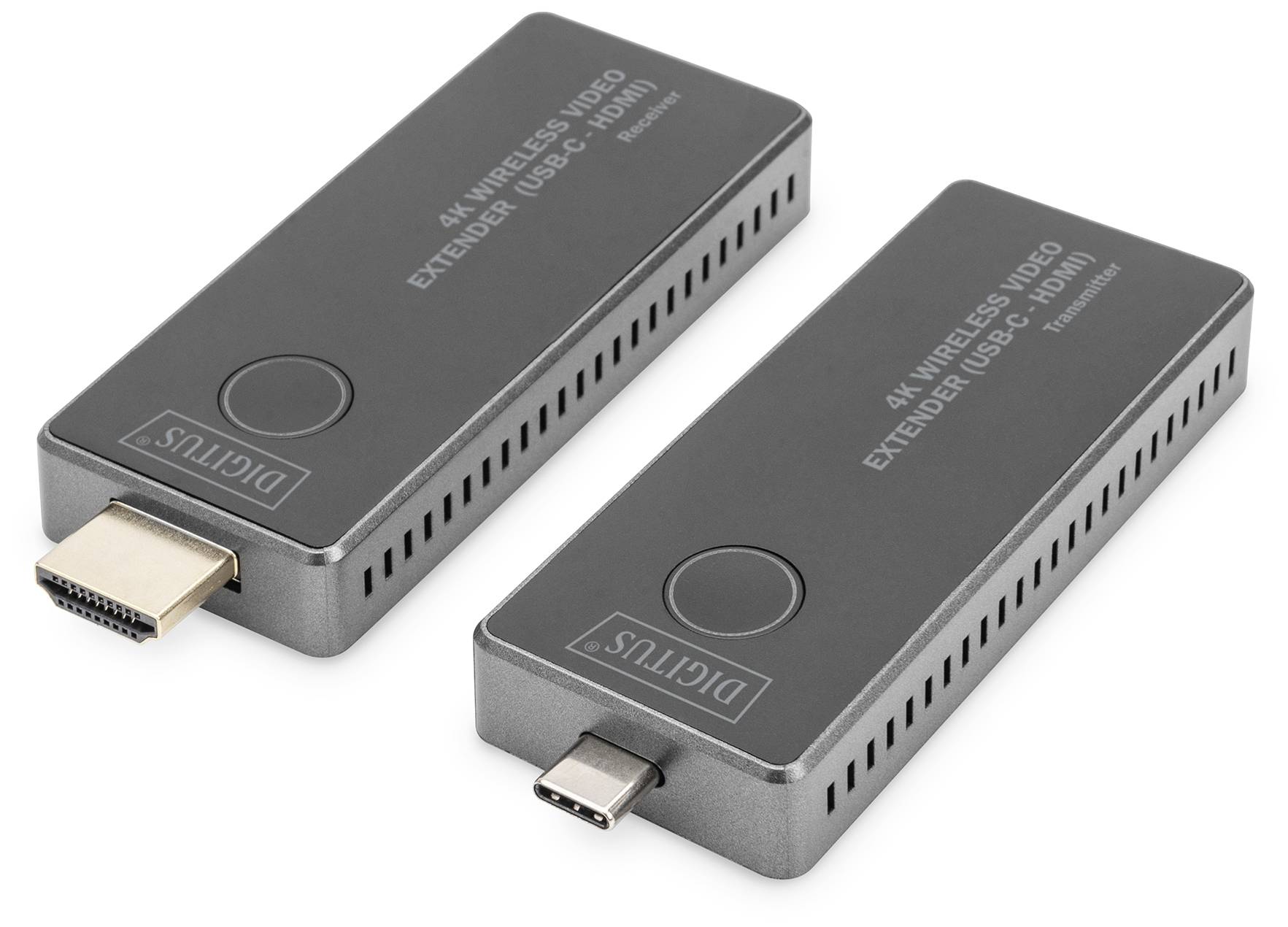 Zwei schwarze HDMI-Adapter mit Beschriftung '4K Wireless Video Extender (USB-C & HDMI)' und Anschlüssen an den Enden.