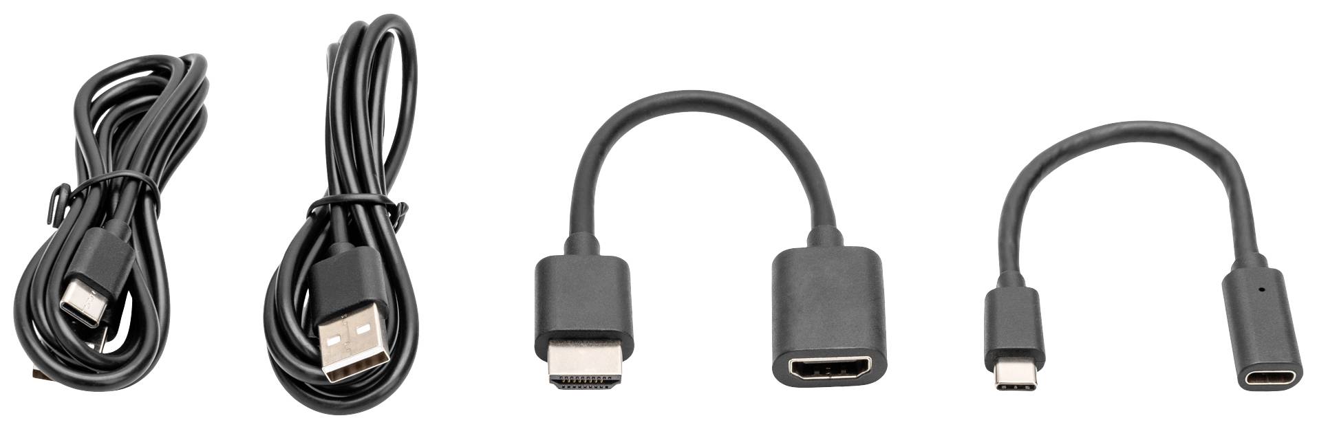 Vier verschiedene Adapterkabel nebeneinander: USB-A auf Micro-USB, HDMI auf Mini-HDMI, USB-C auf HDMI, Micro-USB auf USB-C.