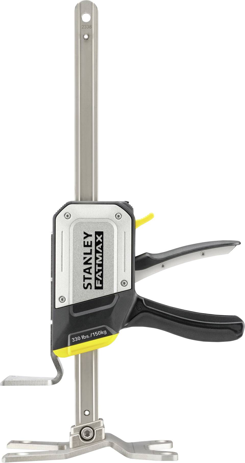 Eine Stanley FatMax Einhandzwinge mit silber-schwarzem Design und gelben Akzenten, geeignet zum Halten oder Klemmen von Werkstücken.