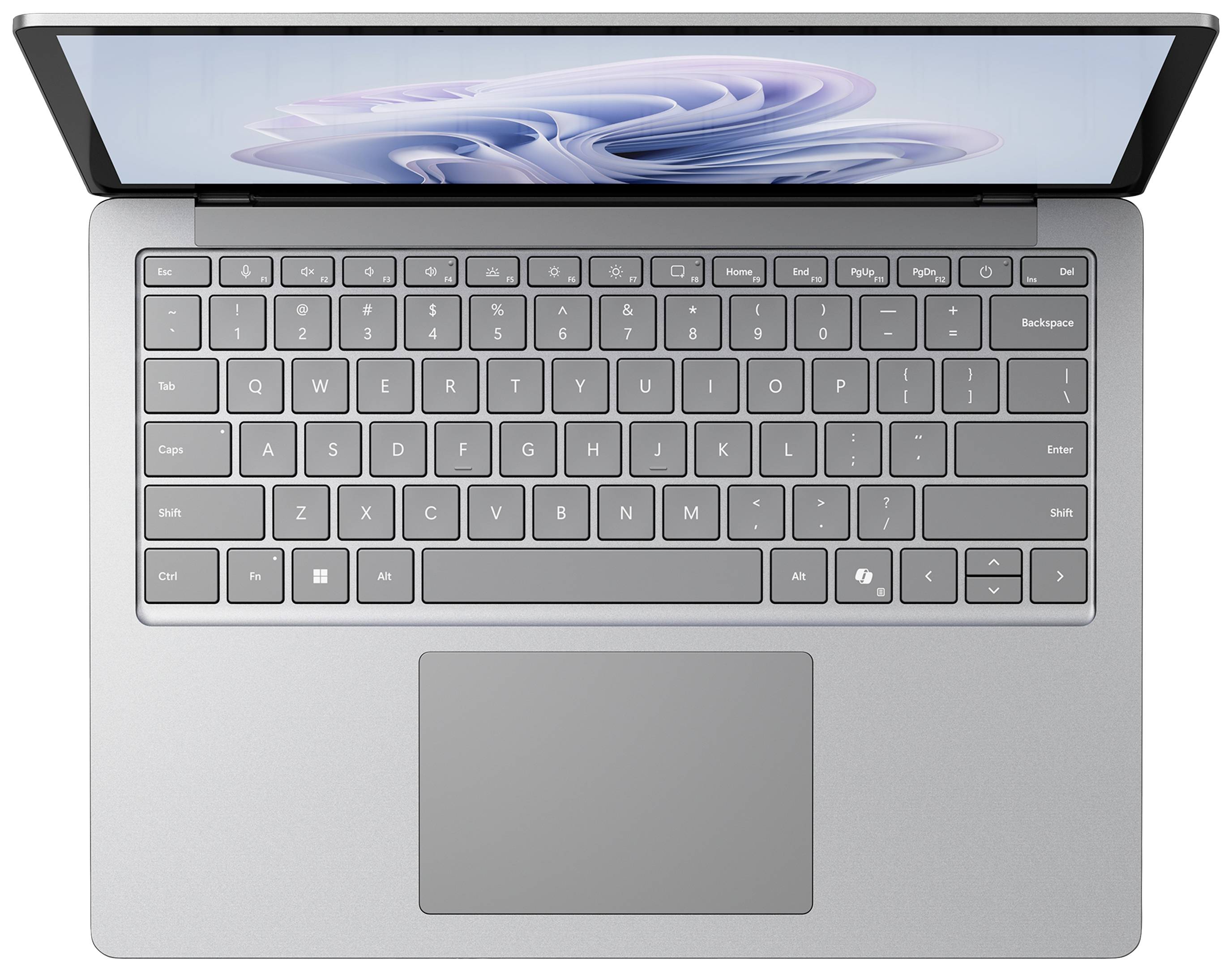 Silberner Laptop von oben mit sichtbarer Tastatur und Touchpad, Display leicht geöffnet, zeigt eine abstrakte Grafik.
