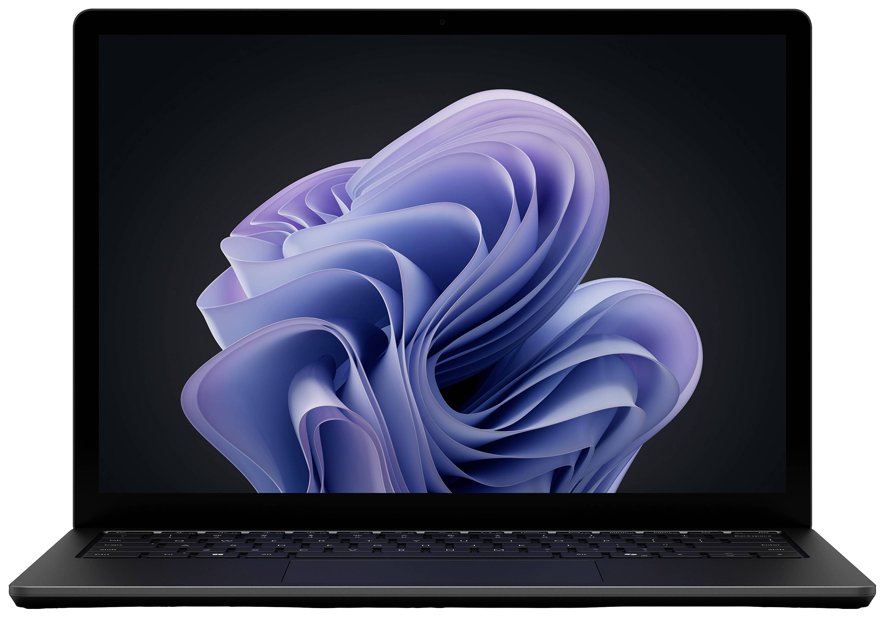 Ein Laptop mit einem stilisierten, lilafarbenen Hintergrundbild auf dem Bildschirm, das abstrakte, wellenartige Formen zeigt.