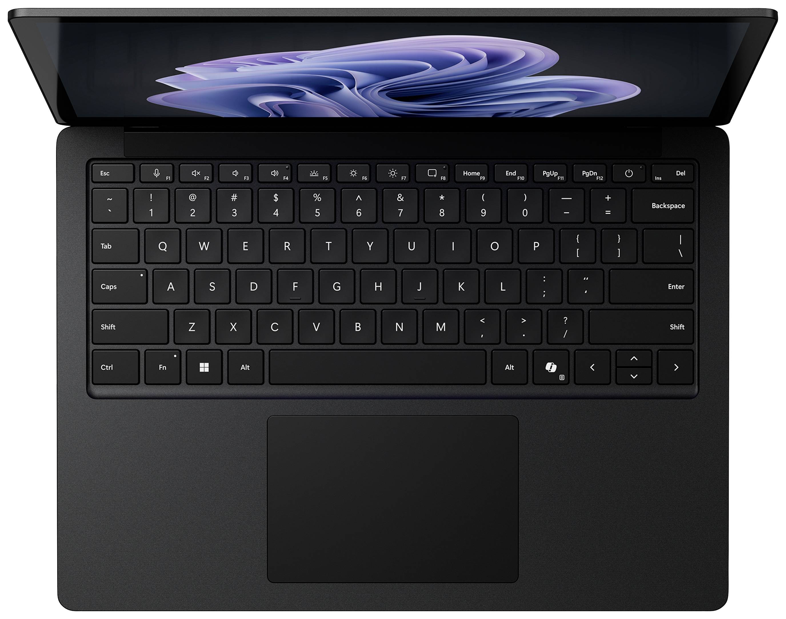 Ein schwarzer Laptop von oben gesehen, geöffnet mit sichtbarer QWERTZ-Tastatur und Display, das eine abstrakte Grafik zeigt.
