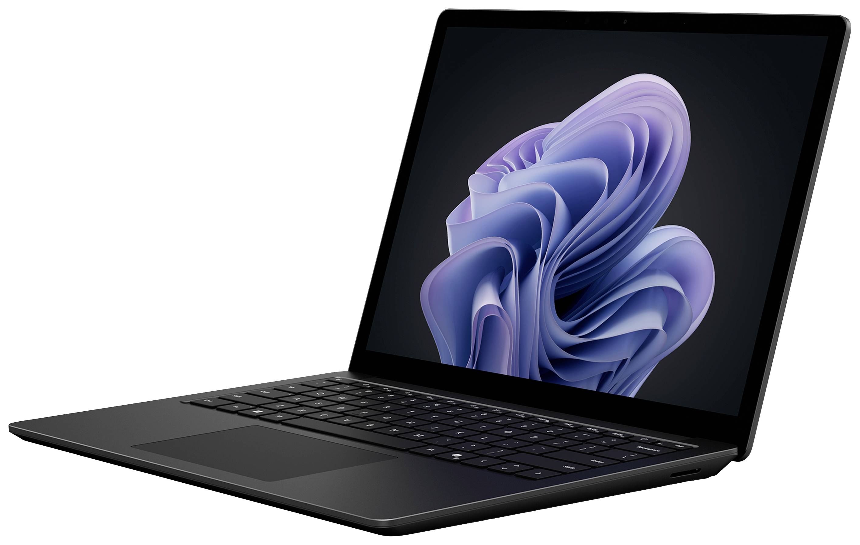Schwarzer Laptop mit geöffneter Bildschirmansicht zeigt ein abstraktes, lilafarbenes Spiralmuster auf dem Display.