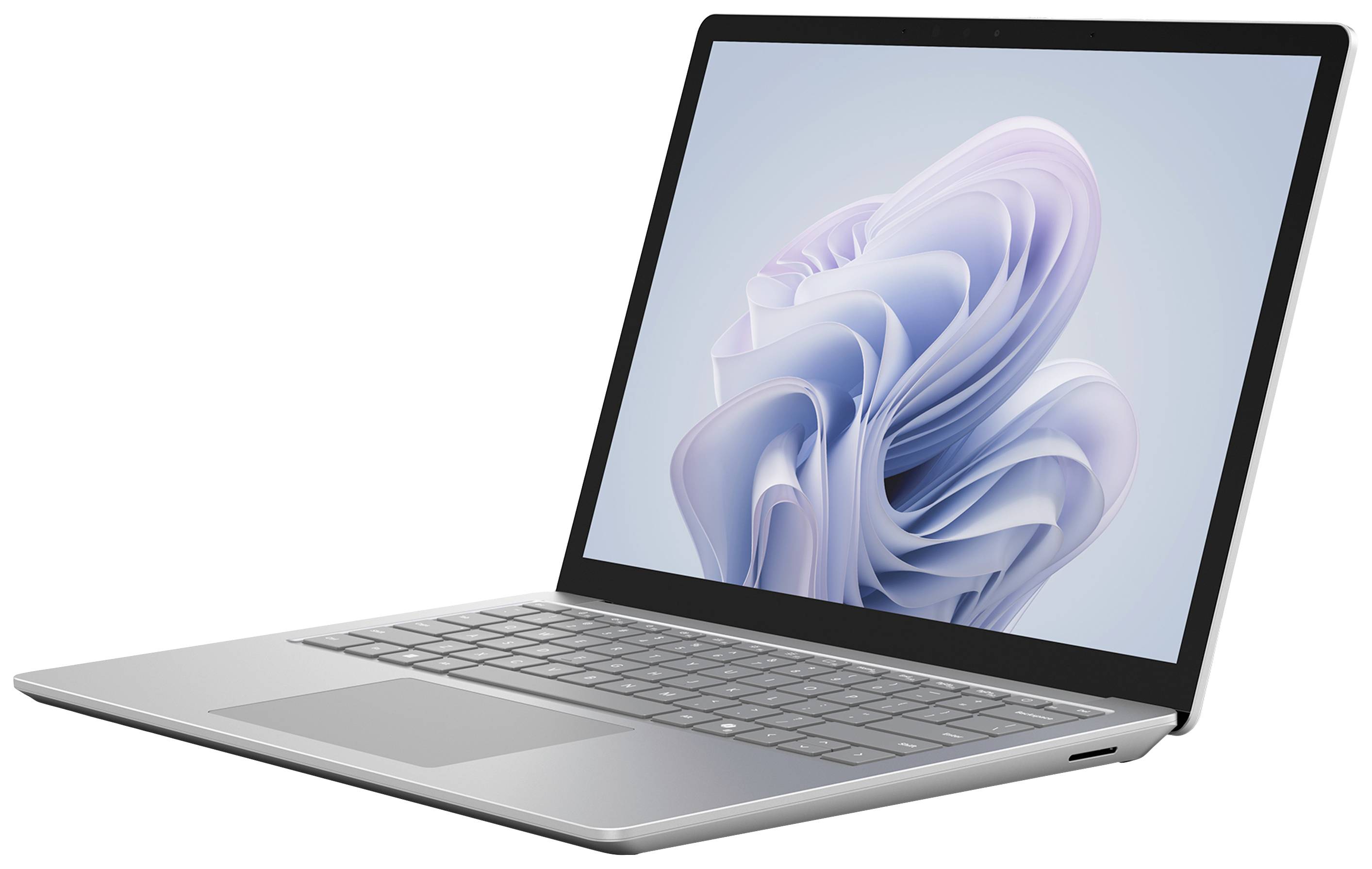 Ein silberner Laptop mit einem geöffneten Bildschirm, der ein abstraktes, spiralförmiges Muster in hellen Farben zeigt.