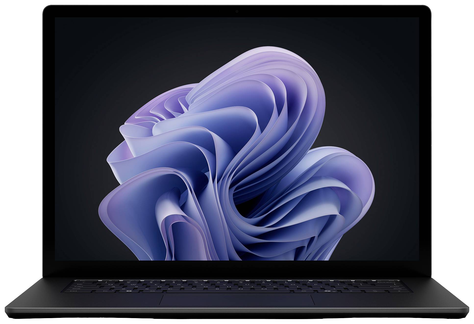 Ein Laptop mit schwarzem Gehäuse zeigt einen abstrakten, violett-blauen Bildschirmschoner auf schwarzem Hintergrund.