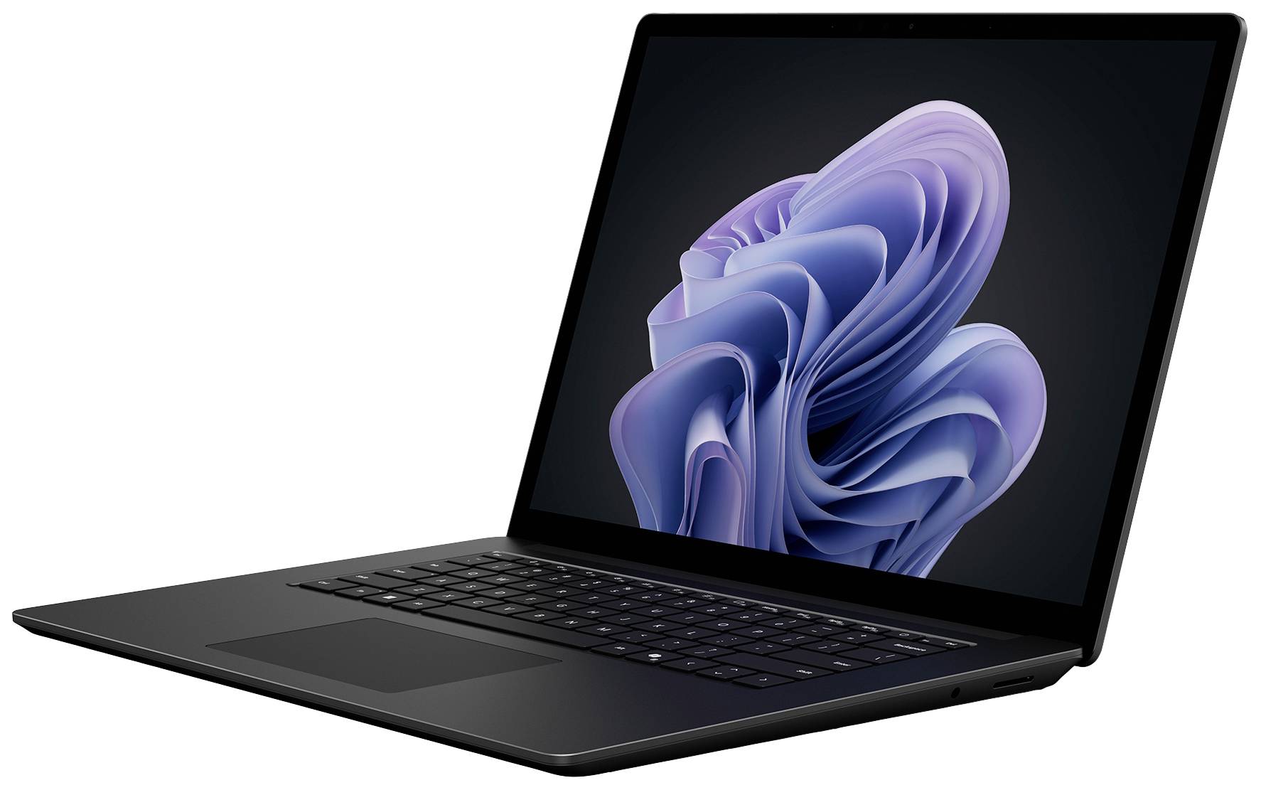 Schwarzer Laptop mit geöffnetem Bildschirm, zeigt abstrakte violette und blaue Formen auf schwarzem Hintergrund.