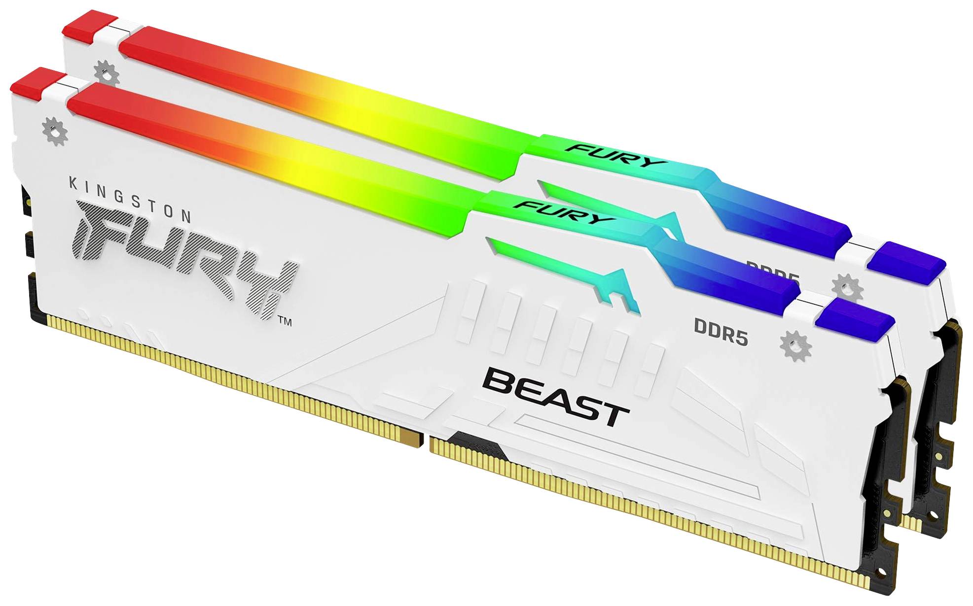 Zwei Kingston Fury Beast DDR5 RAM-Module in Weiß mit RGB-Beleuchtung, übereinander gestapelt, vor weißem Hintergrund.
