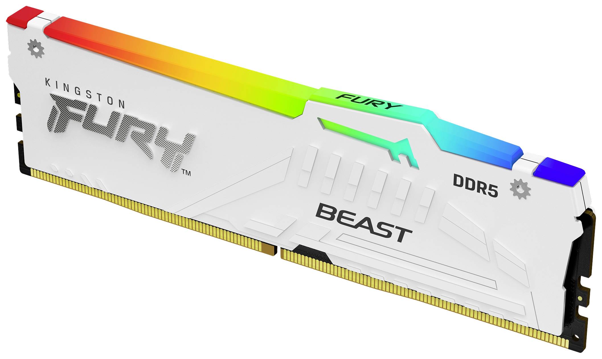 Ein weißer Kingston Fury Beast DDR5 RAM-Riegel mit mehrfarbiger RGB-Leiste, geeignet für leistungsstarke Computer.