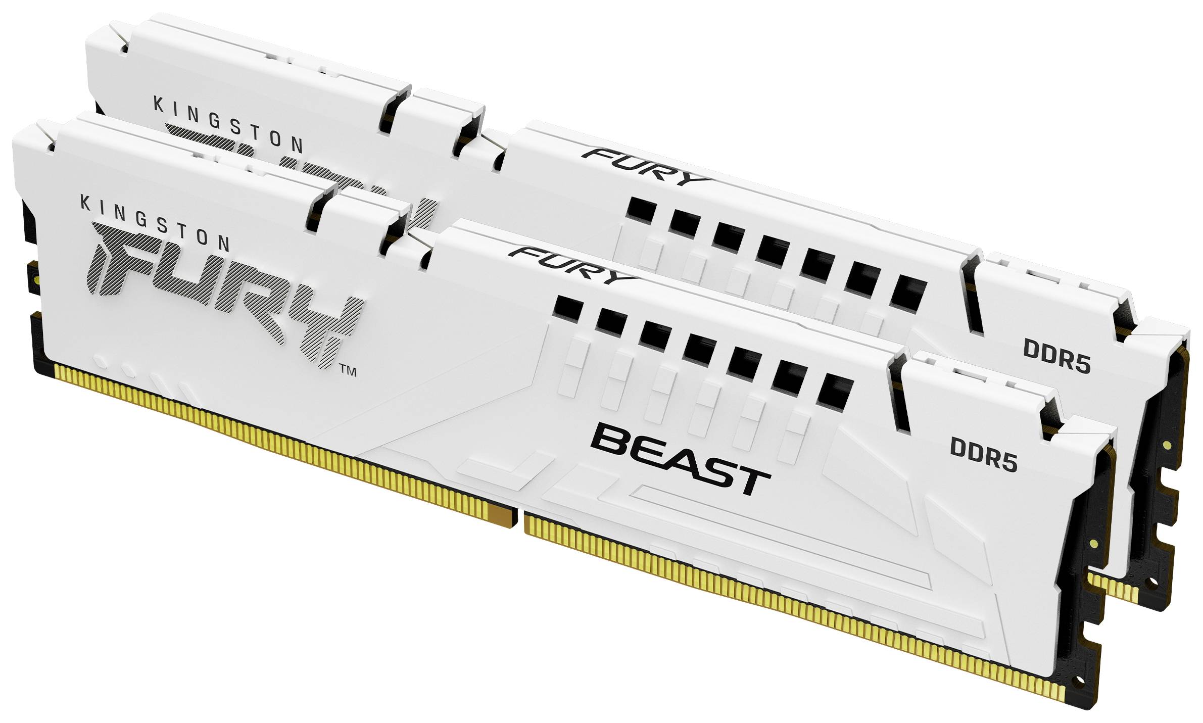 Zwei weiße DDR5-RAM-Module der Marke Kingston FURY, in einem leicht schrägen Winkel zueinander positioniert.