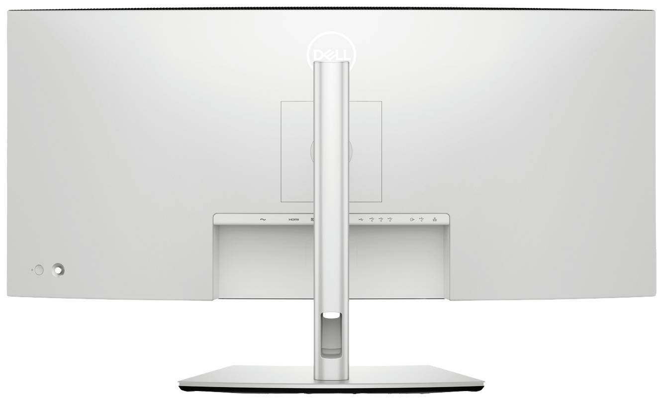 Rückansicht eines weißen, gebogenen Computermonitors auf einem rechteckigen Fuß, ohne sichtbare Bildschirmanzeige.