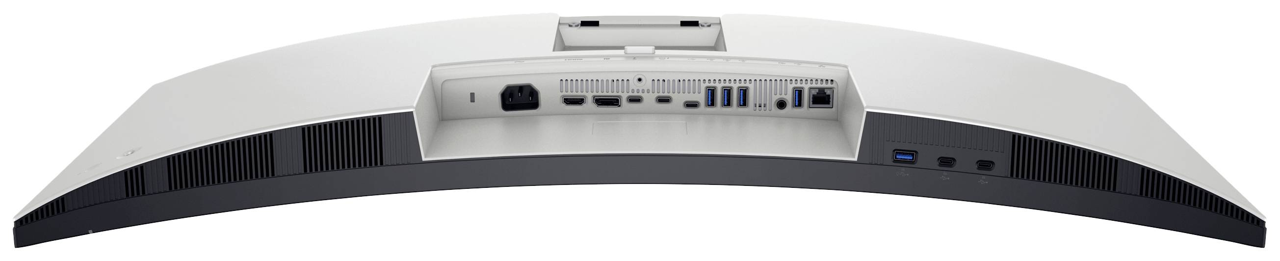 Rückansicht eines gebogenen Monitors zeigt Anschlüsse, darunter USB, HDMI und Audio, platziert in einem zentralen Bedienfeld.