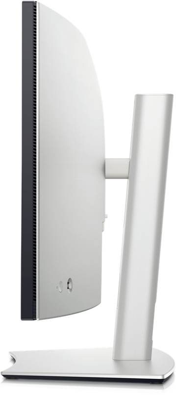 Seitenansicht eines modernen Computermonitors mit schlankem, silbernem Design. Der Bildschirm ist vertikal eingestellt.