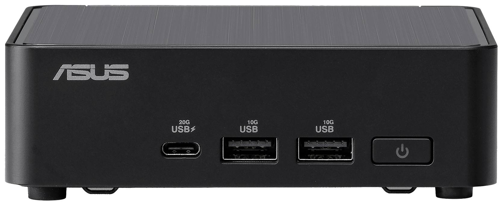 Ein schwarzer Mini-PC von Asus mit zwei USB-Ports, einem USB-C-Anschluss und einem Netzschalter an der Vorderseite.