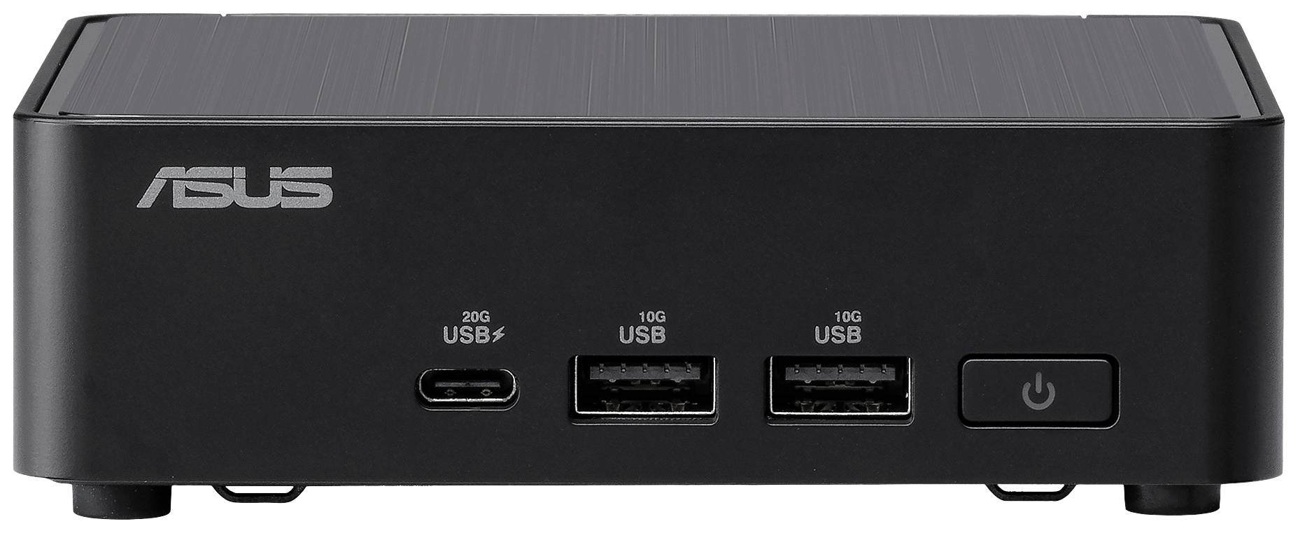 Schwarzer ASUS Mini-PC mit USB-, USB-C- und Thunderbolt-Anschlüssen an der Vorderseite, rechts davon ein Power-Knopf.