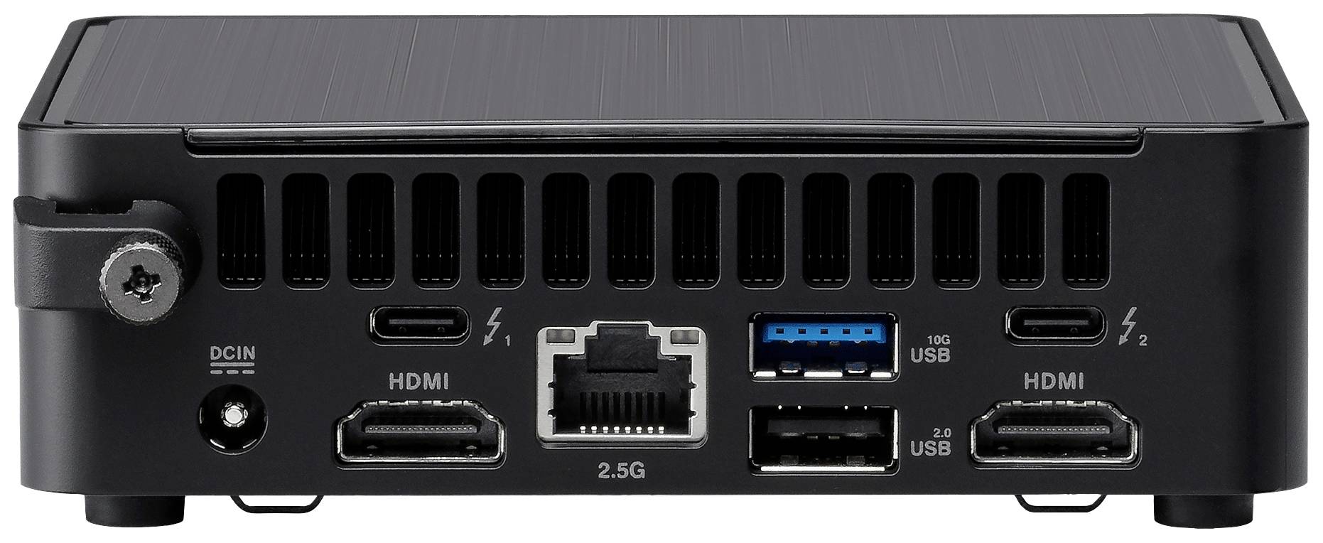 Rückseite eines Mini-PCs mit verschiedenen Anschlüssen: zwei HDMI, zwei USB-C, ein Ethernet-Anschluss, USB und Anschluss für Stromversorgung.