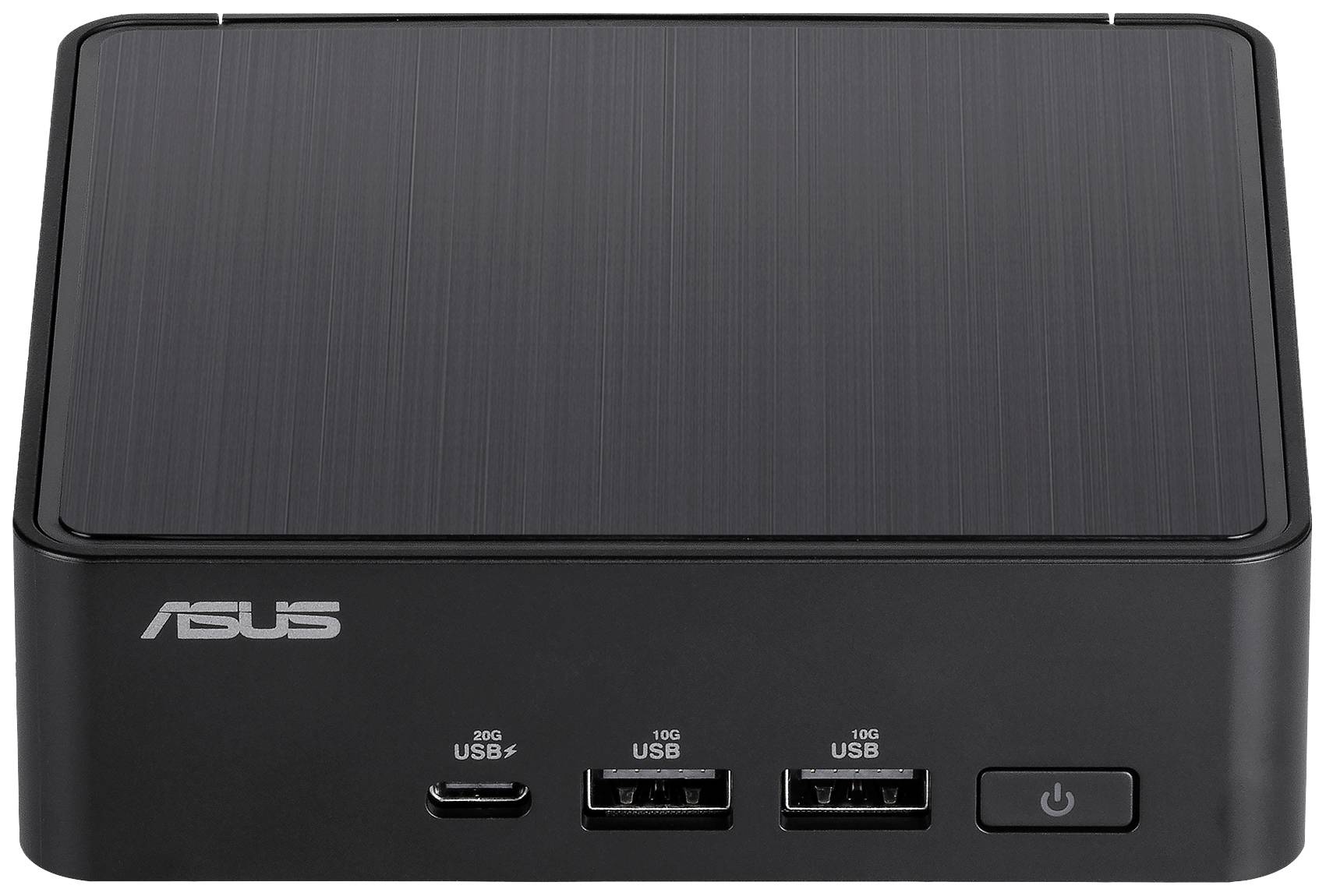Ein schwarzer ASUS Mini-PC mit USB-Anschlüssen vorne und einem Einschaltknopf rechts unten.