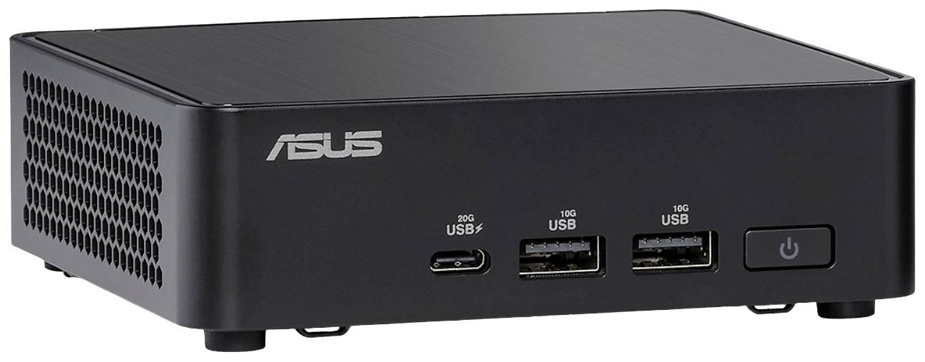 Schwarzer Mini-PC von ASUS mit USB- und HDMI-Anschlüssen an der Vorderseite, geeignet für platzsparende Computeranwendungen.