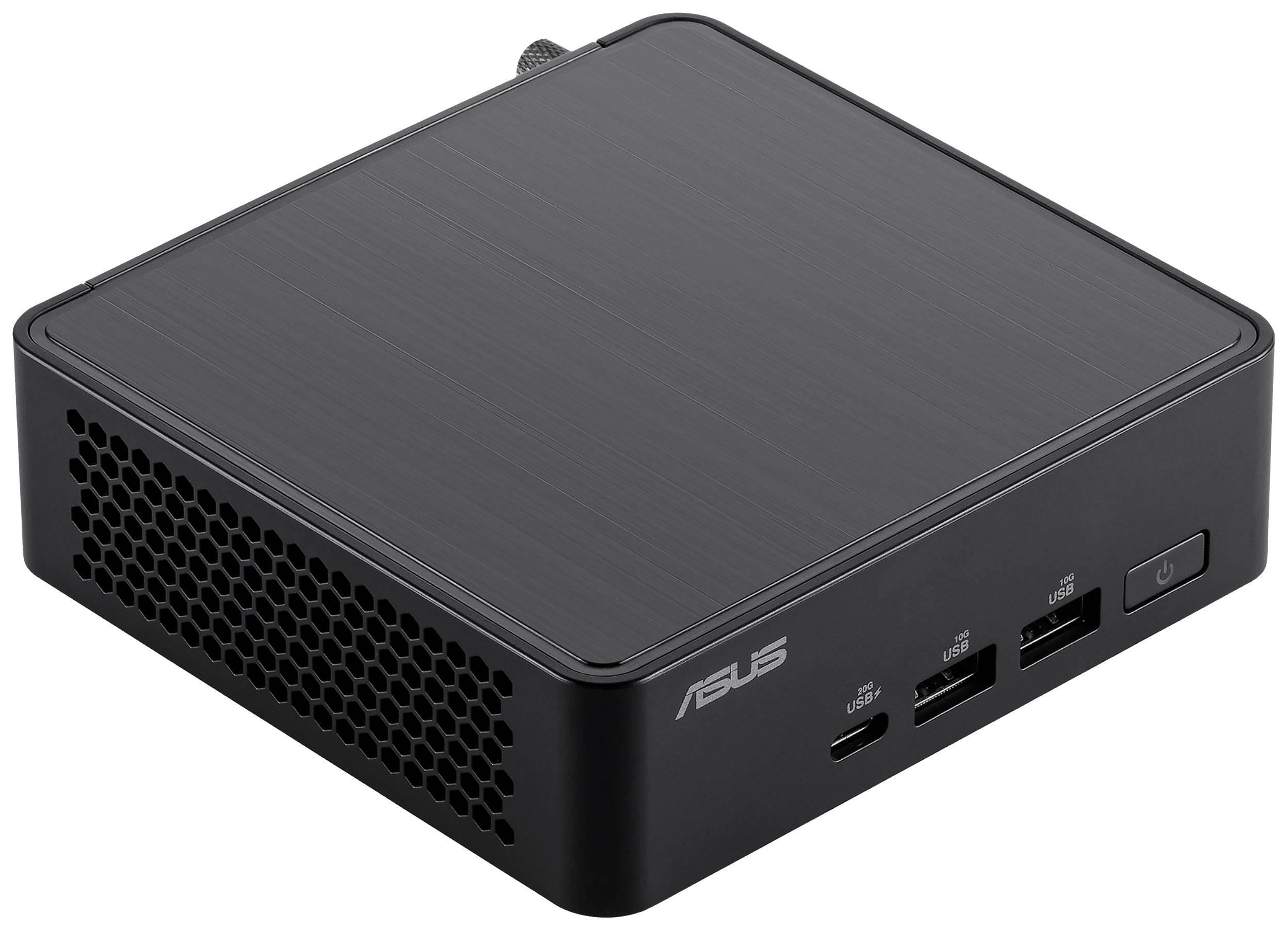 Ein schwarzer Mini-PC mit dem ASUS-Logo auf der Vorderseite. Er verfügt über seitliche Lüftungsschlitze und mehrere USB-Anschlüsse an der Front.