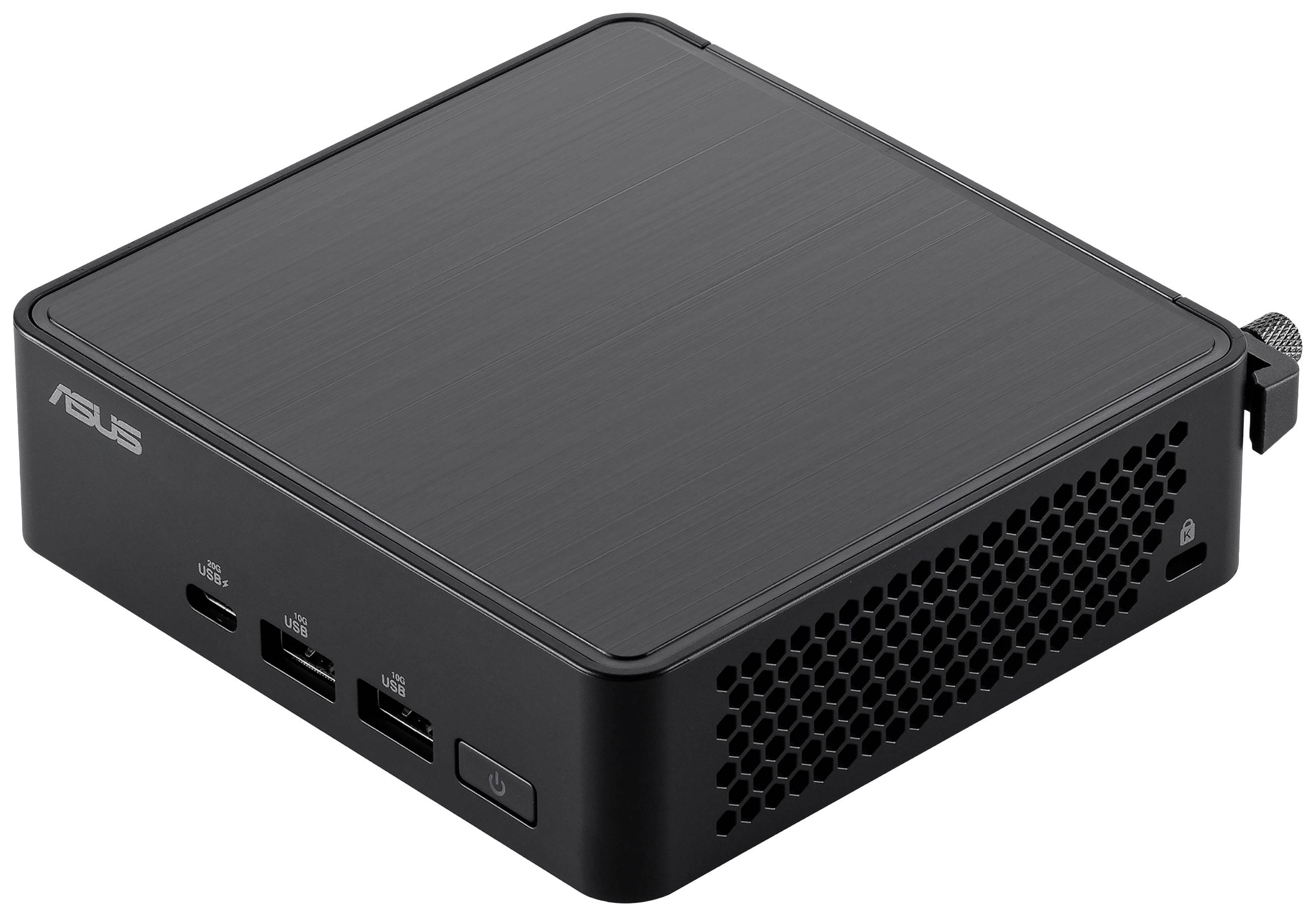 Ein kleiner, quadratischer, schwarzer Computer mit Lüftungsschlitzen an der Seite und mehreren USB-Ports vorne.