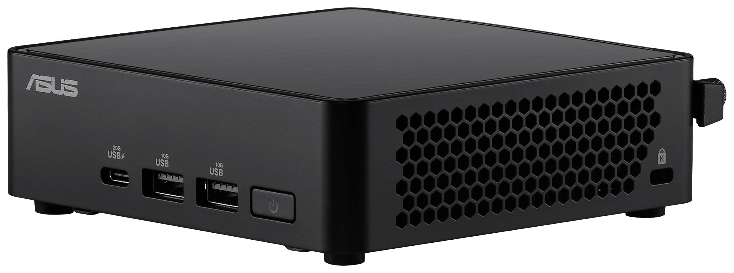 Kleiner schwarzer Computer mit ASUS-Logo, mehreren USB-Anschlüssen an der Vorderseite und einem Lüftungsgitter an der Seite.