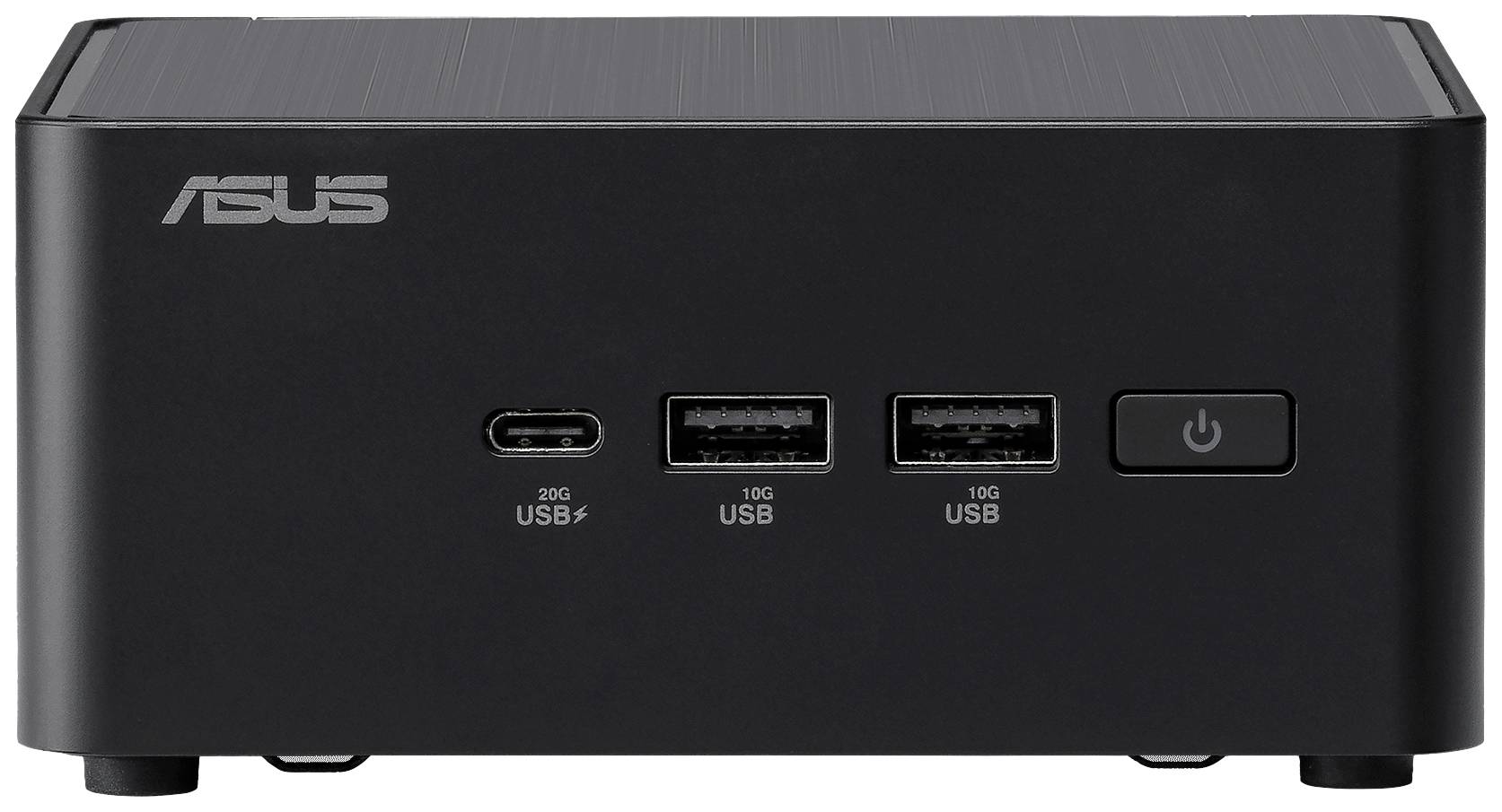Ein kompakter schwarzer Mini-PC mit der Marke eines Unternehmens auf der Vorderseite. Drei USB-Anschlüsse und ein Netzschalter sind sichtbar.