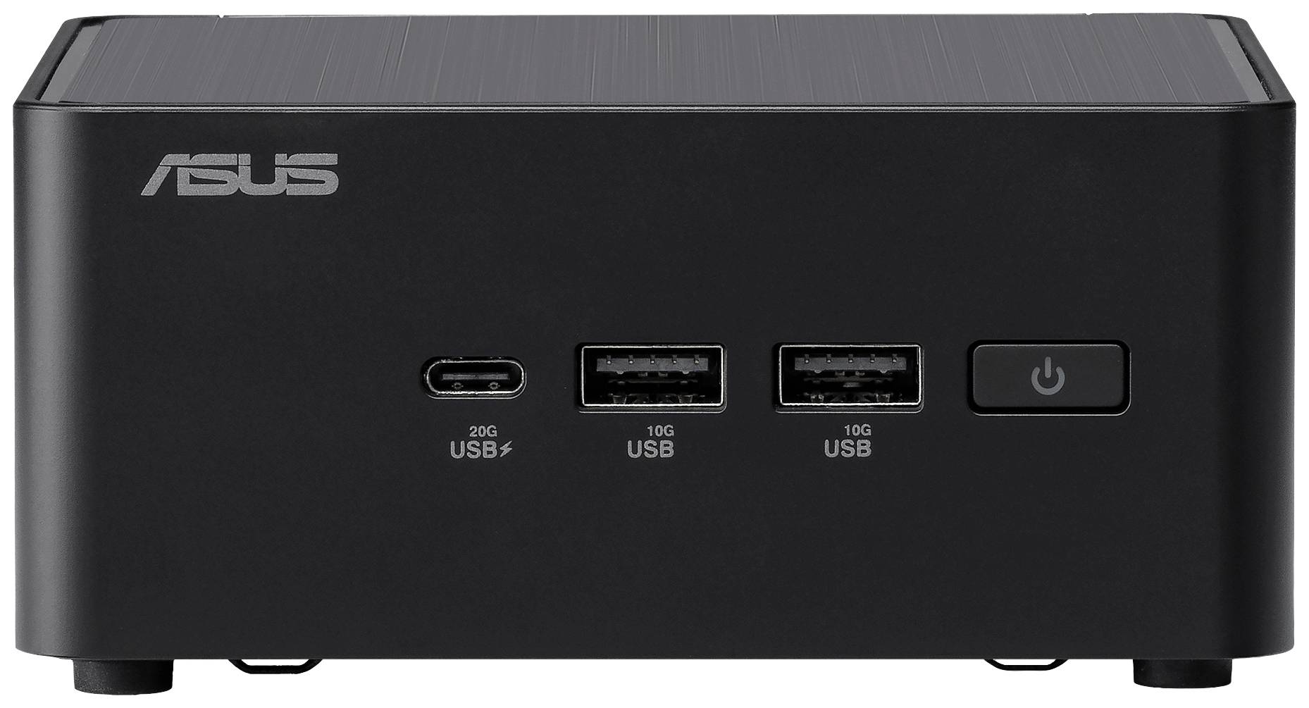 Ein kompakter schwarzer Asus Mini-PC mit zwei USB-Anschlüssen, einem USB-C-Anschluss und einem Ein-/Ausschaltknopf auf der Vorderseite.
