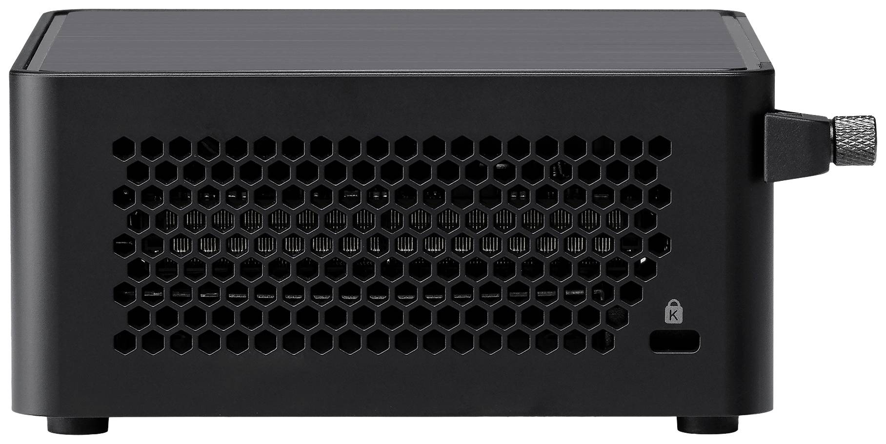 Ein rechteckiges, schwarzes Gerät mit Wabenmuster an der Seite und einem Drehknopf. Es wirkt wie ein technisches Gerät oder ein kleiner Computer.