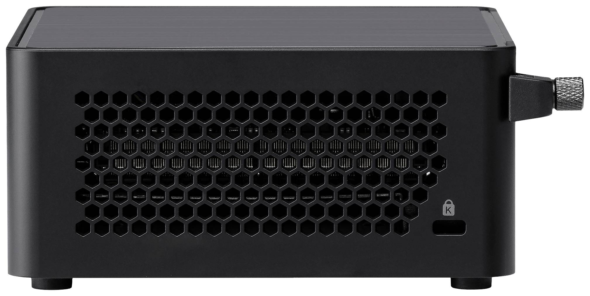 Schwarzes, rechteckiges Gerät mit einem Wabenmuster-Gitter auf der Seite und einem kleinen Riegel rechts, wahrscheinlich ein elektronisches Gerät.