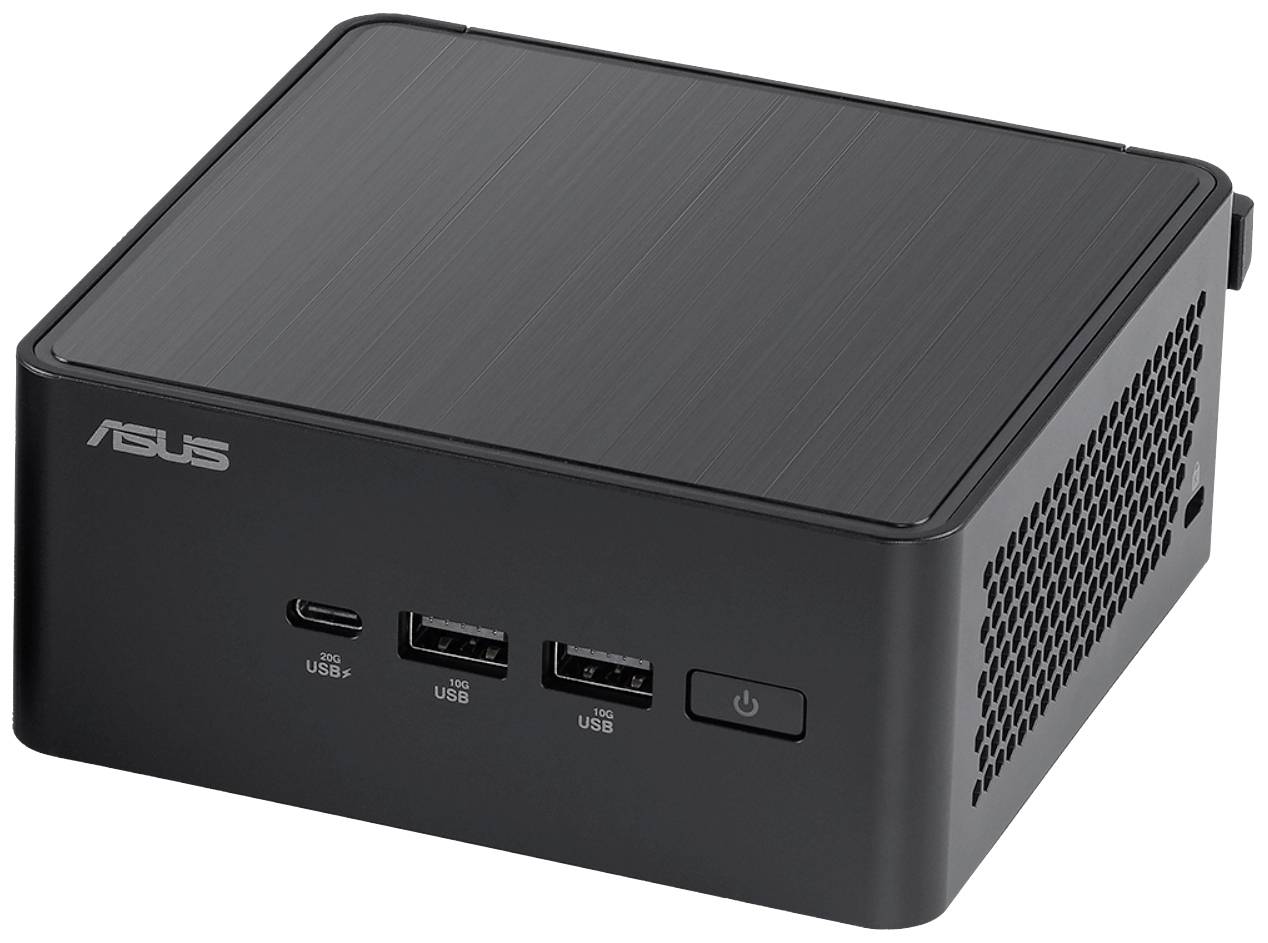 Ein schwarzer Mini-PC von ASUS mit gebürstetem Metallgehäuse, USB-Anschlüssen vorne und einem Netzschalter in der unteren rechten Ecke.