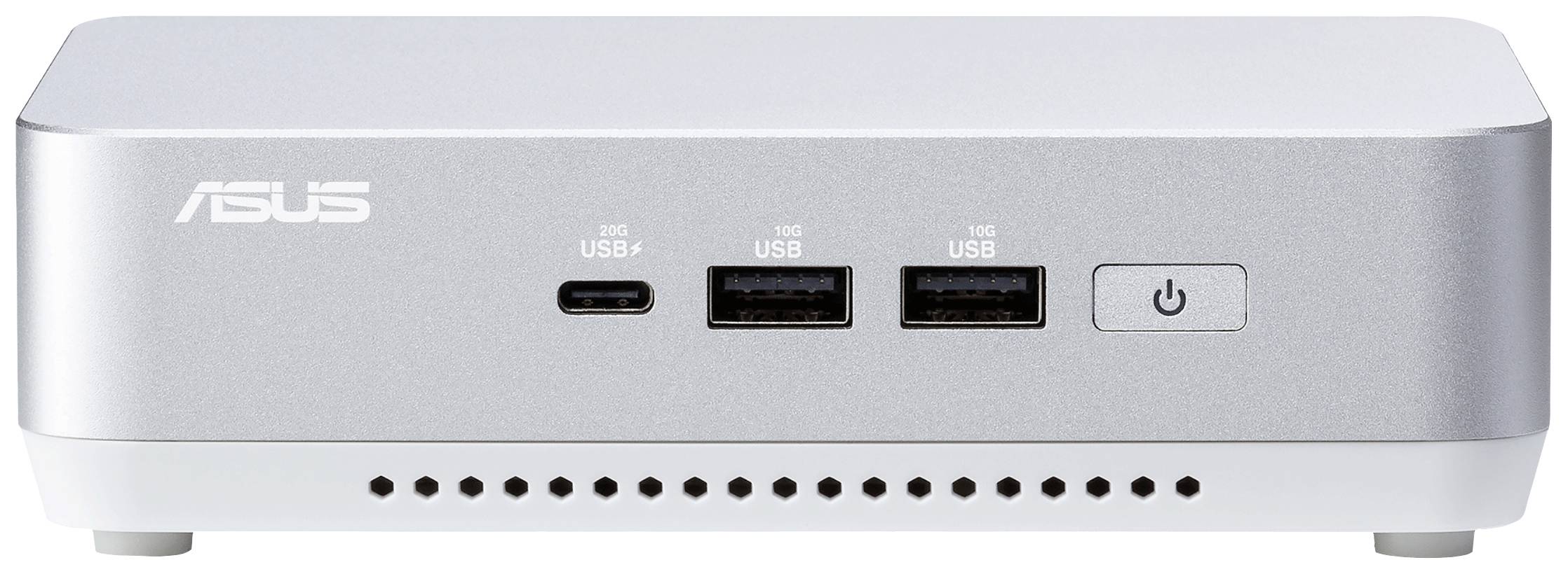 Kompakter silberner ASUS Mini-PC mit zwei USB-Anschlüssen, einem USB-C-Anschluss und einem Netzschalter auf der Vorderseite.