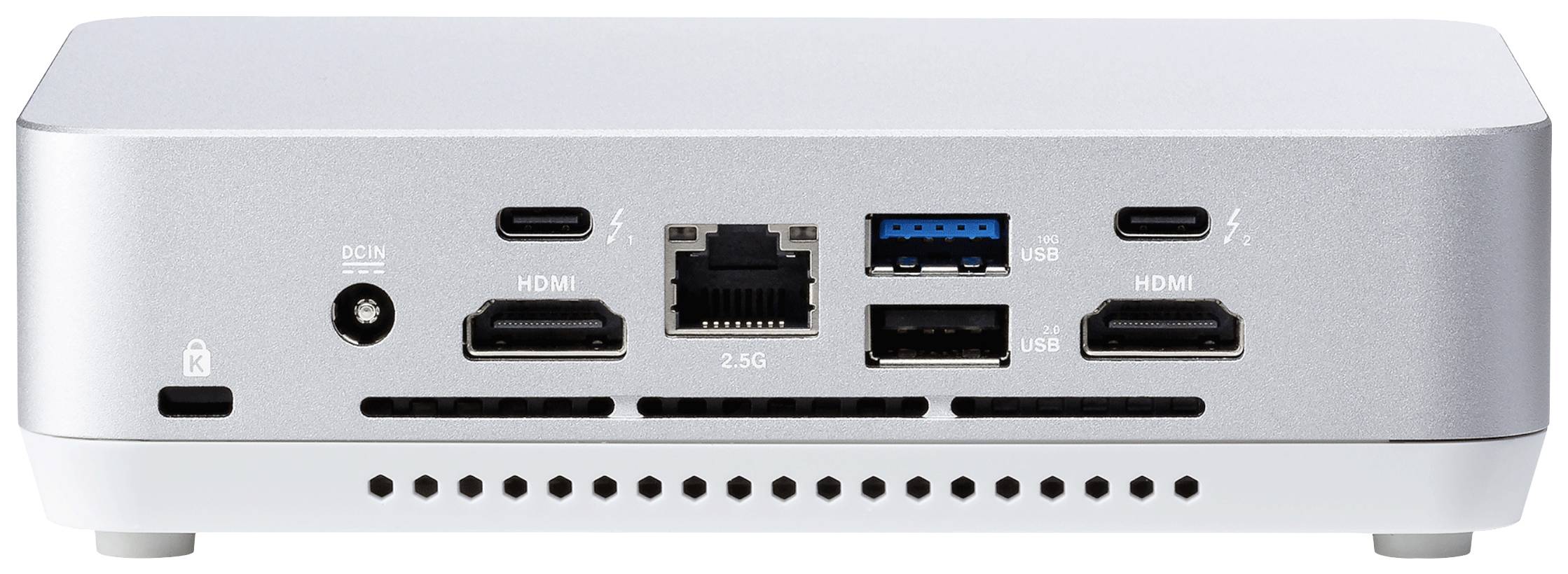 Rückseite eines Mini-PCs mit Anschlüssen: zwei Thunderbolt, zwei HDMI, Ethernet, USB 3.0, USB 2.0, Stromanschluss.