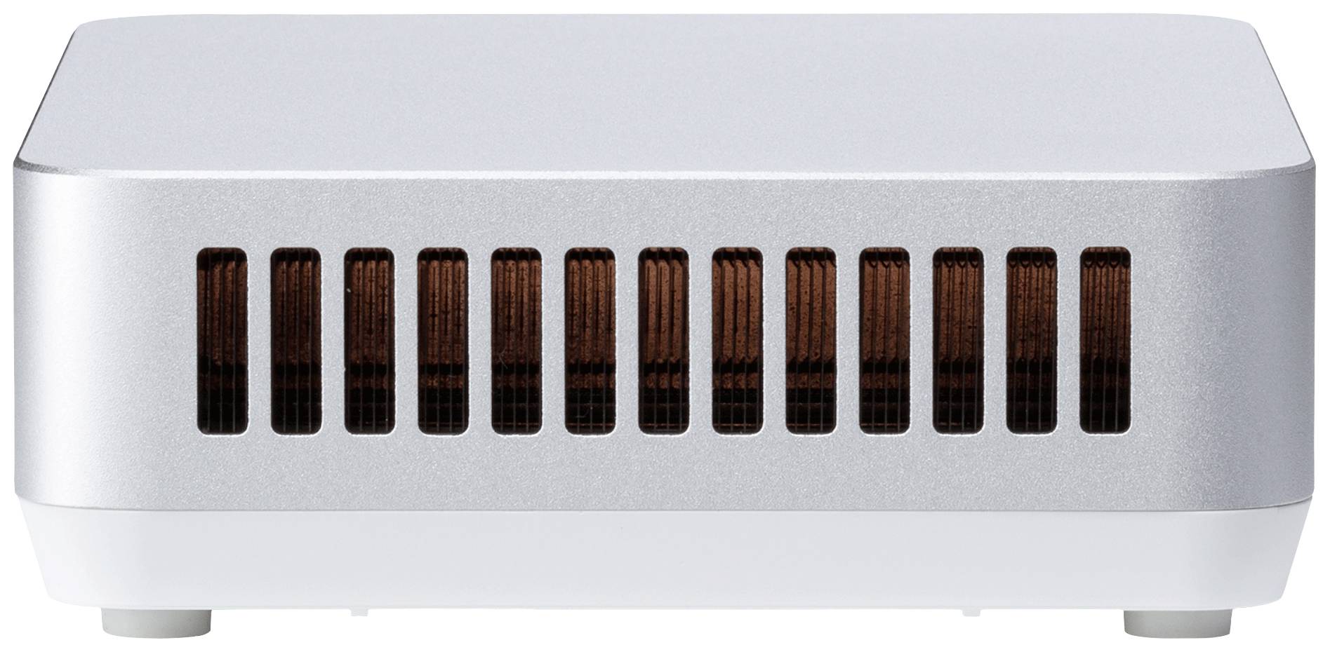 Silberne quadratische Box mit Lüftungsschlitzen auf der Vorderseite, ähnlich einem kompakten Computergehäuse.