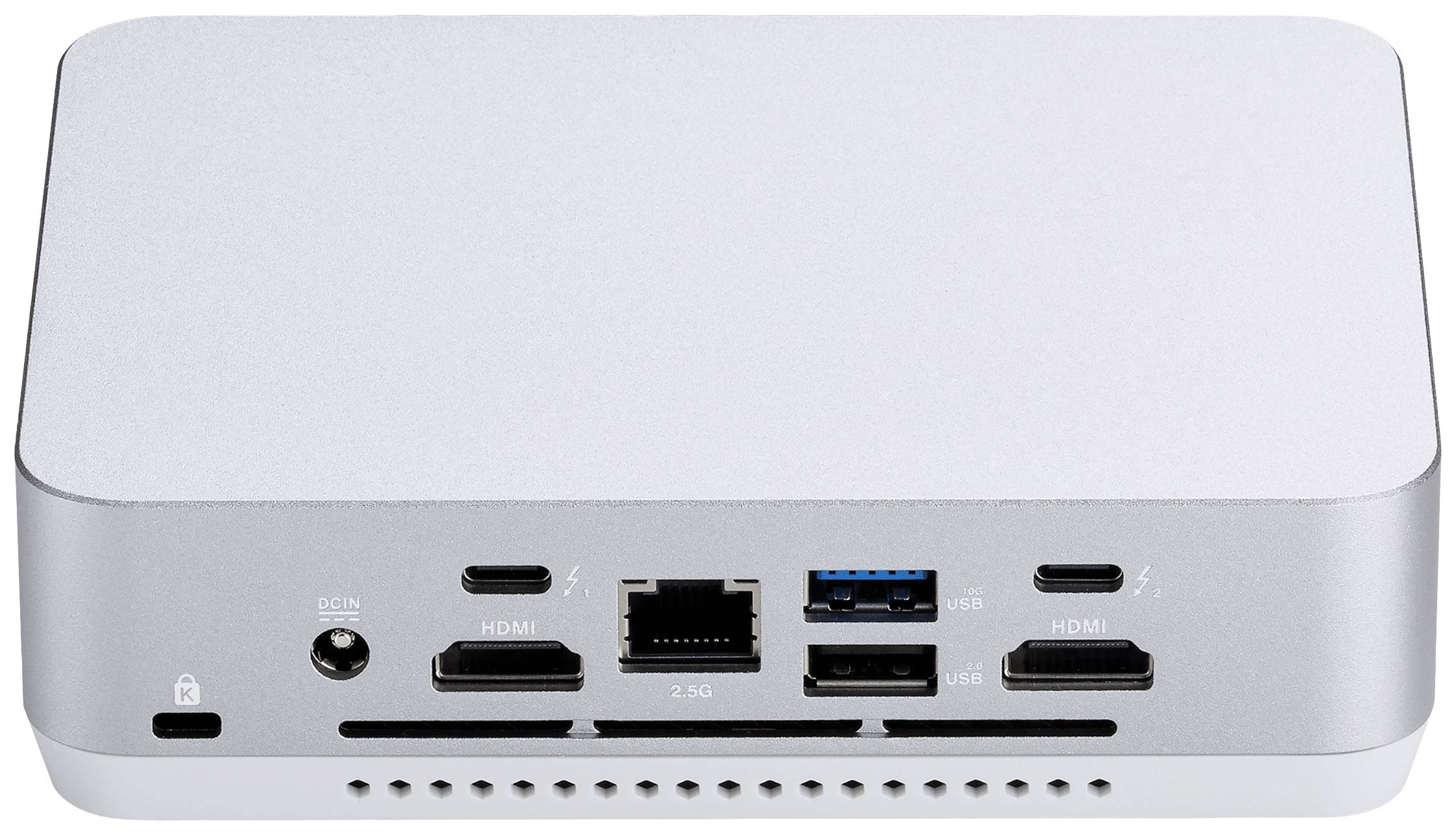 Silberne Dockingstation mit Anschlüssen: Zwei HDMI, Ethernet, USB-C, USB-A und Stromanschluss. Vorderseite zeigt Lüftungsschlitze.