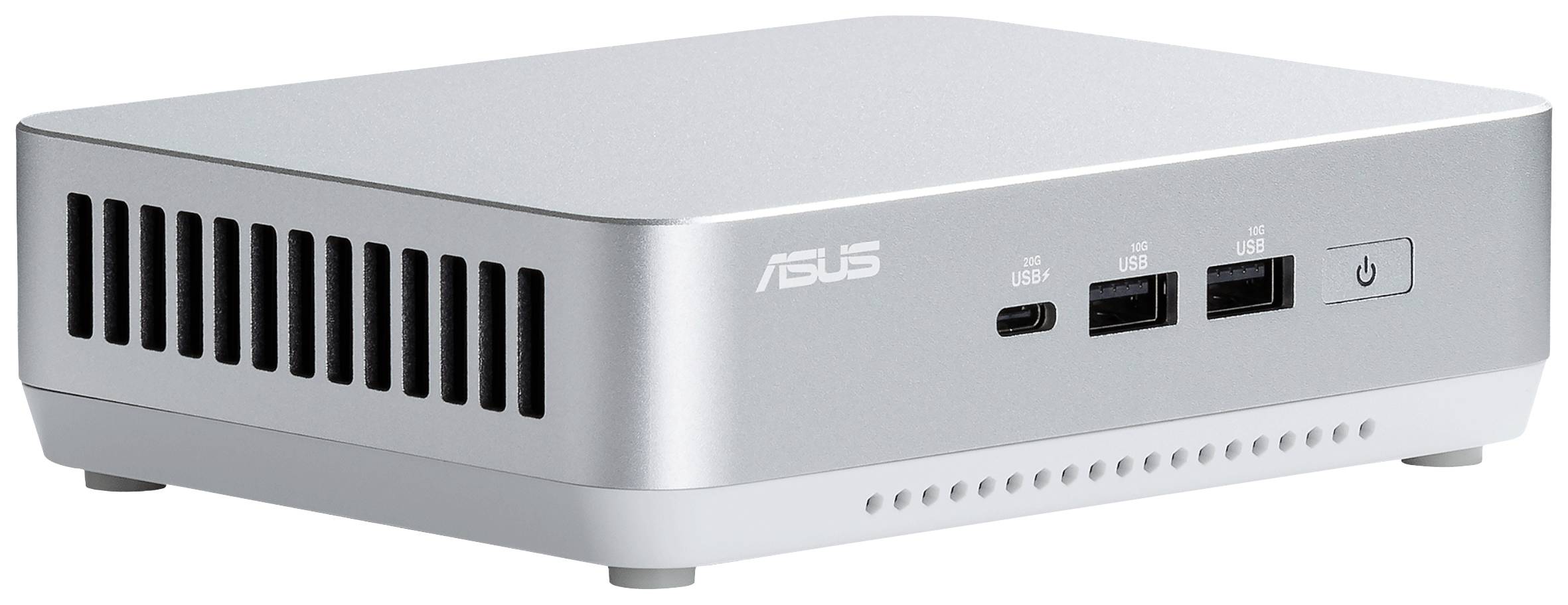 Ein silberner ASUS Mini-PC mit Lüftungsschlitzen an der Seite, zwei USB-Anschlüssen und einem Ein-/Ausschalter an der Vorderseite.