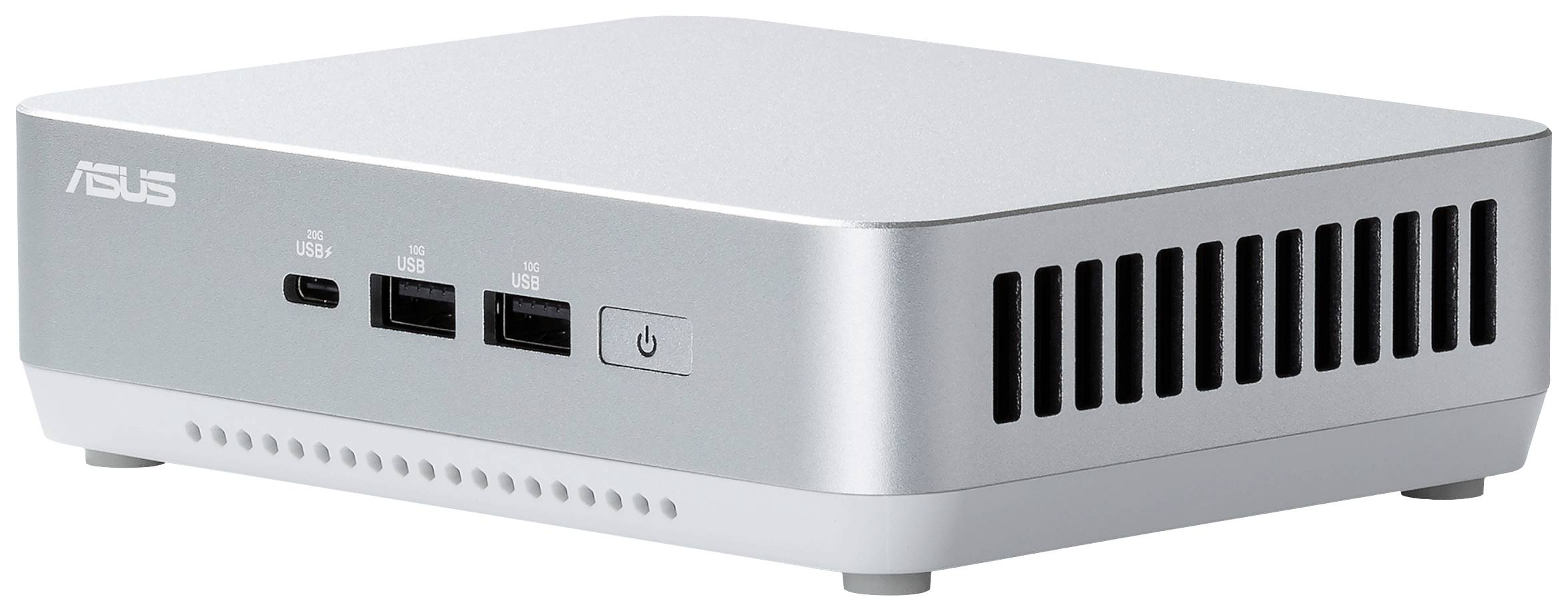 Kompakter silberner Computer mit zwei USB-Anschlüssen, einem USB-C-Anschluss und einer Einschalttaste an der Vorderseite.