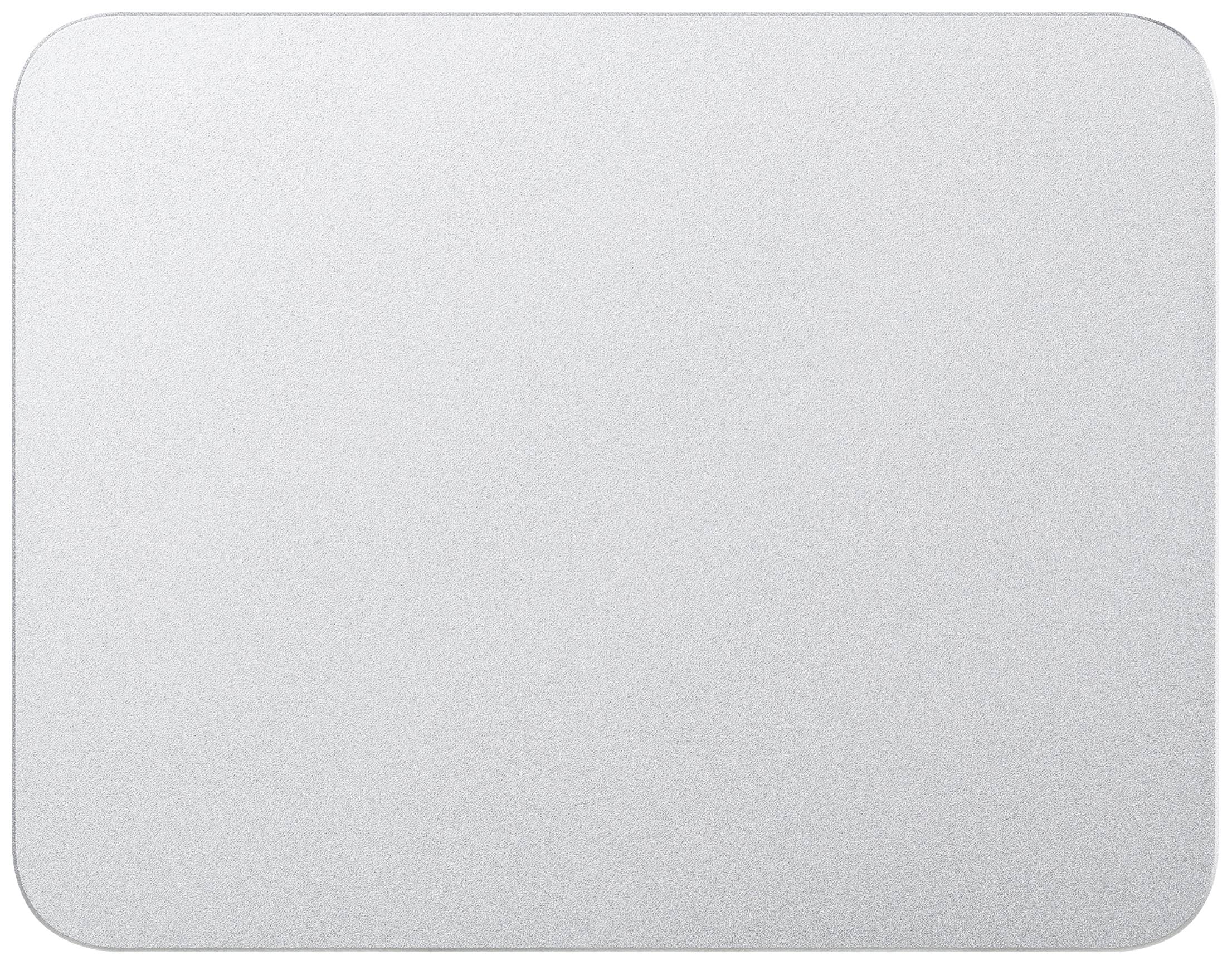 Silbernes, rechteckiges Trackpad mit abgerundeten Ecken auf weißem Hintergrund, keine sichtbaren Bedienelemente.