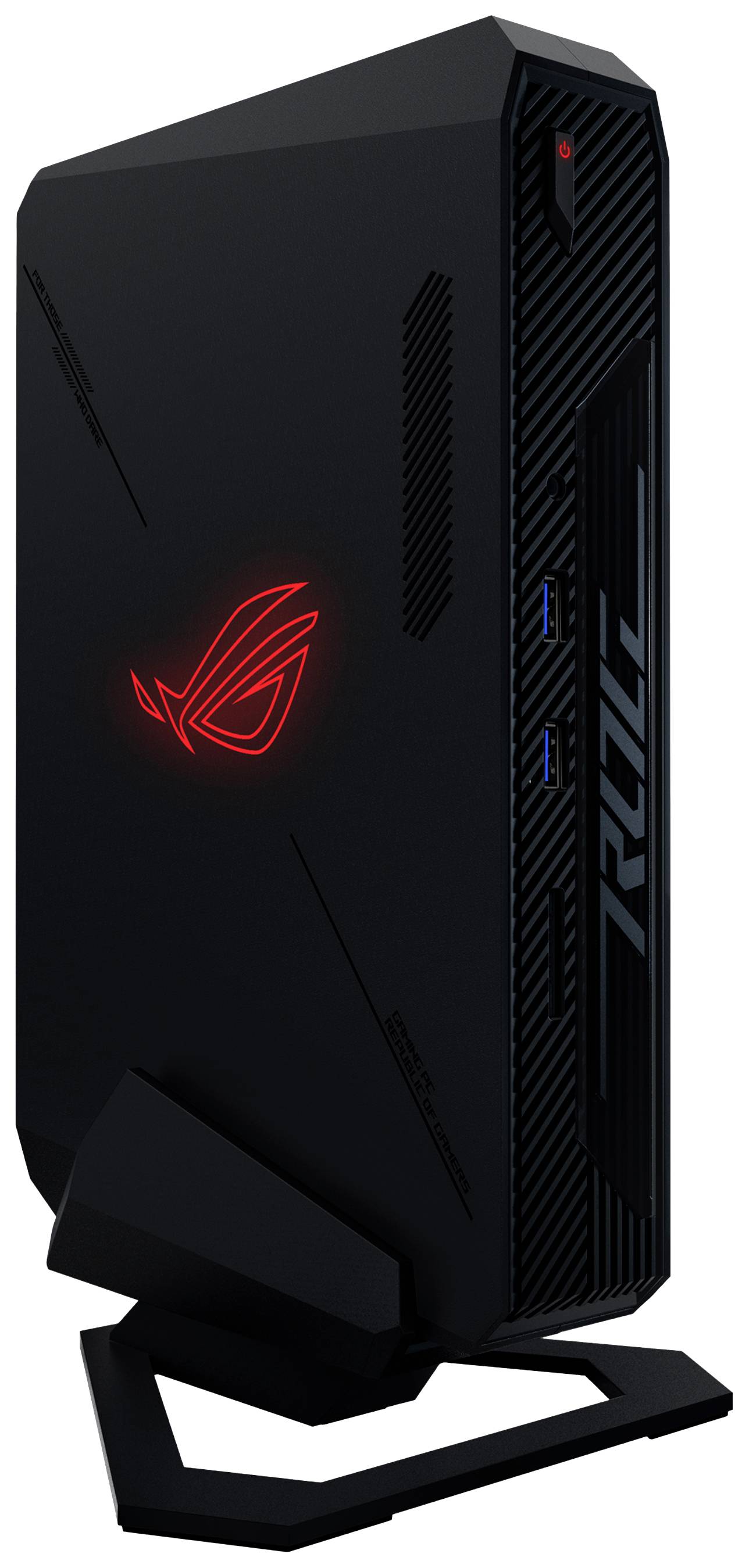 Schwarz-rotes Gaming-Gehäuse mit leuchtendem Logo, aufrecht stehend, zeigt zwei USB-Anschlüsse vorne. Modernes Design.