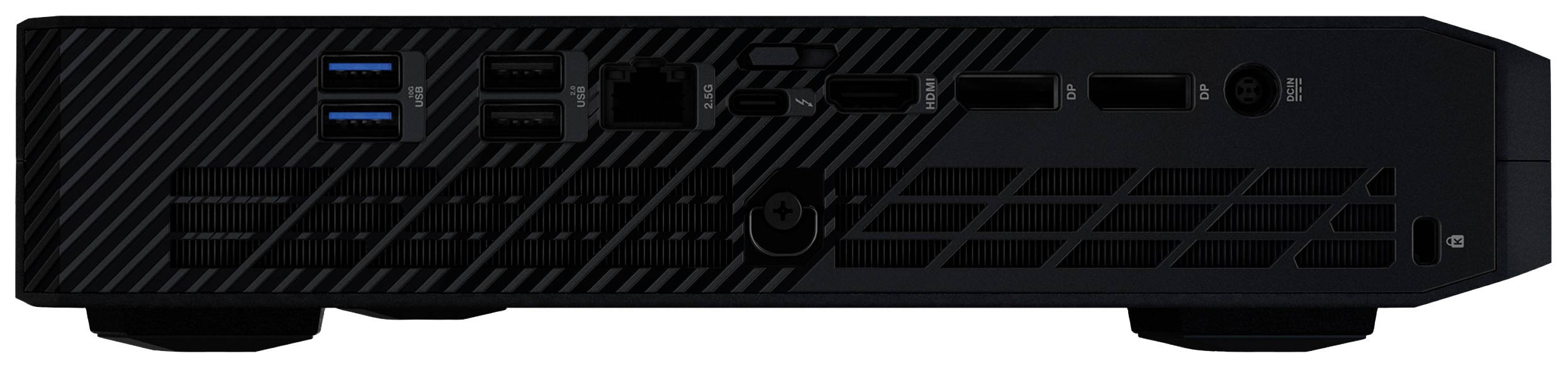 Ein kompakter, schwarzer Computer mit mehreren USB-Anschlüssen, Netzwerkkabelanschluss und Lüftungsschlitzen auf der Rückseite.