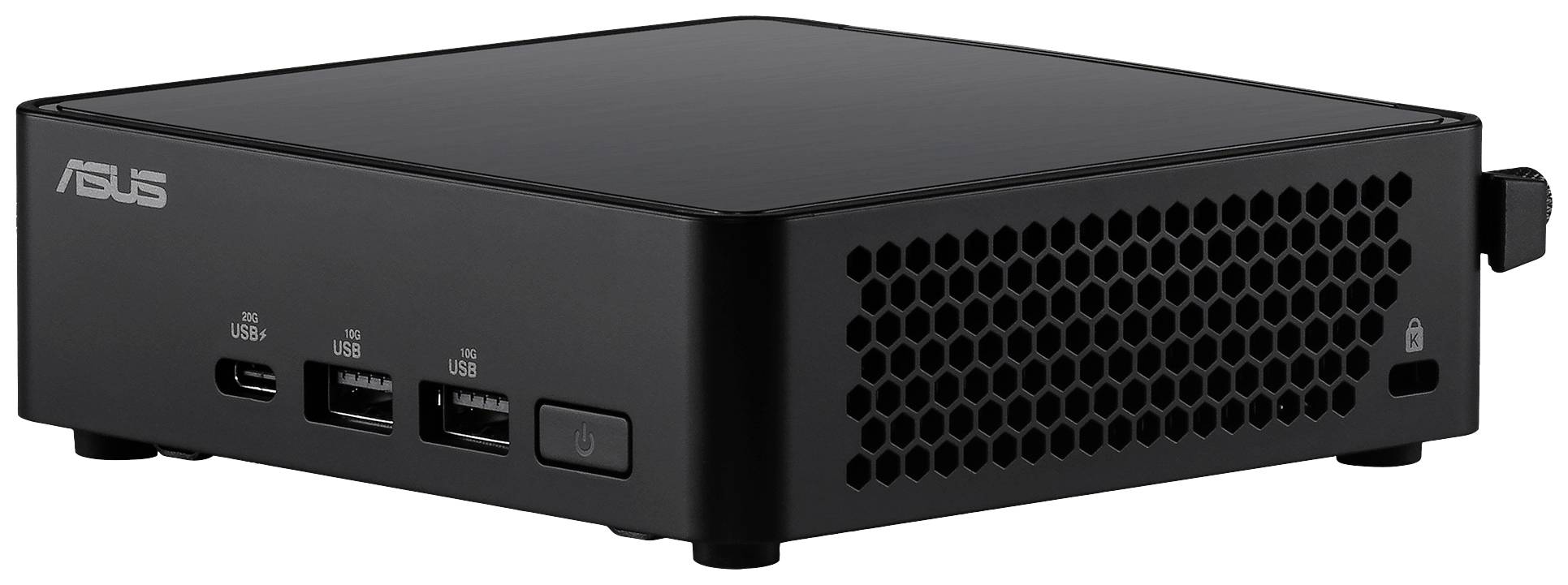 Ein schwarzer ASUS Mini-PC mit mehreren USB-Anschlüssen an der Vorderseite und einem belüfteten Gehäuse.