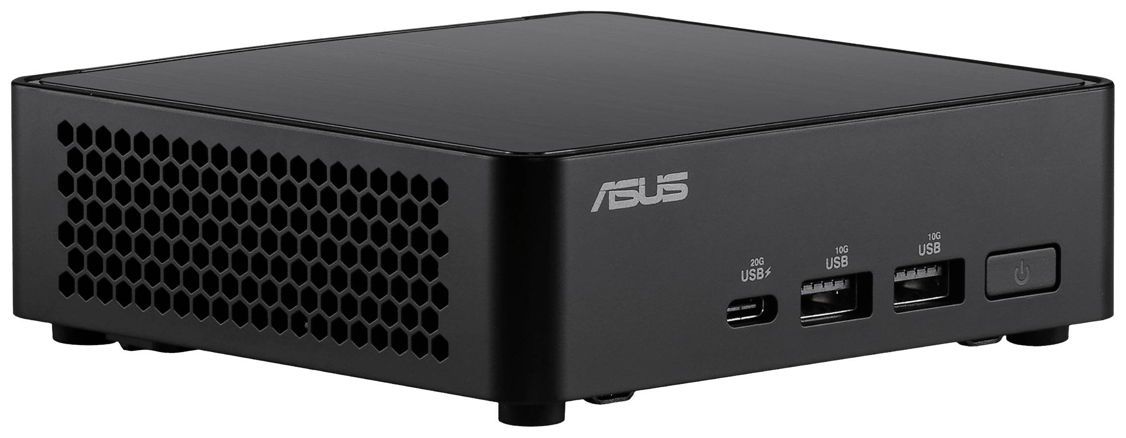 Ein kompakter schwarzer Mini-PC mit Lüftungsgitter an der Seite. Auf der Vorderseite befinden sich USB-Anschlüsse und ein Einschaltknopf.