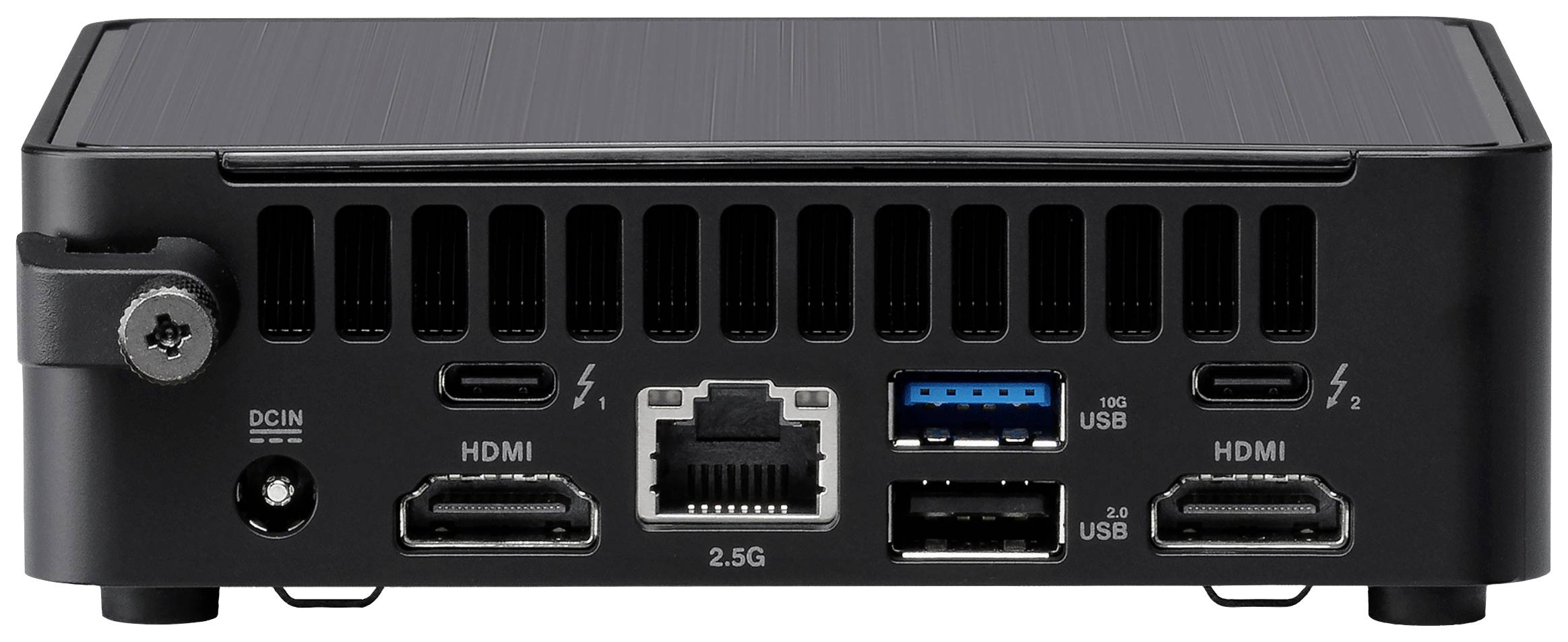 Rückseite eines Mini-PCs mit Anschlüssen: HDMI, USB, Ethernet und Stromanschluss. Ventilationsschlitze sorgen für Kühlung.