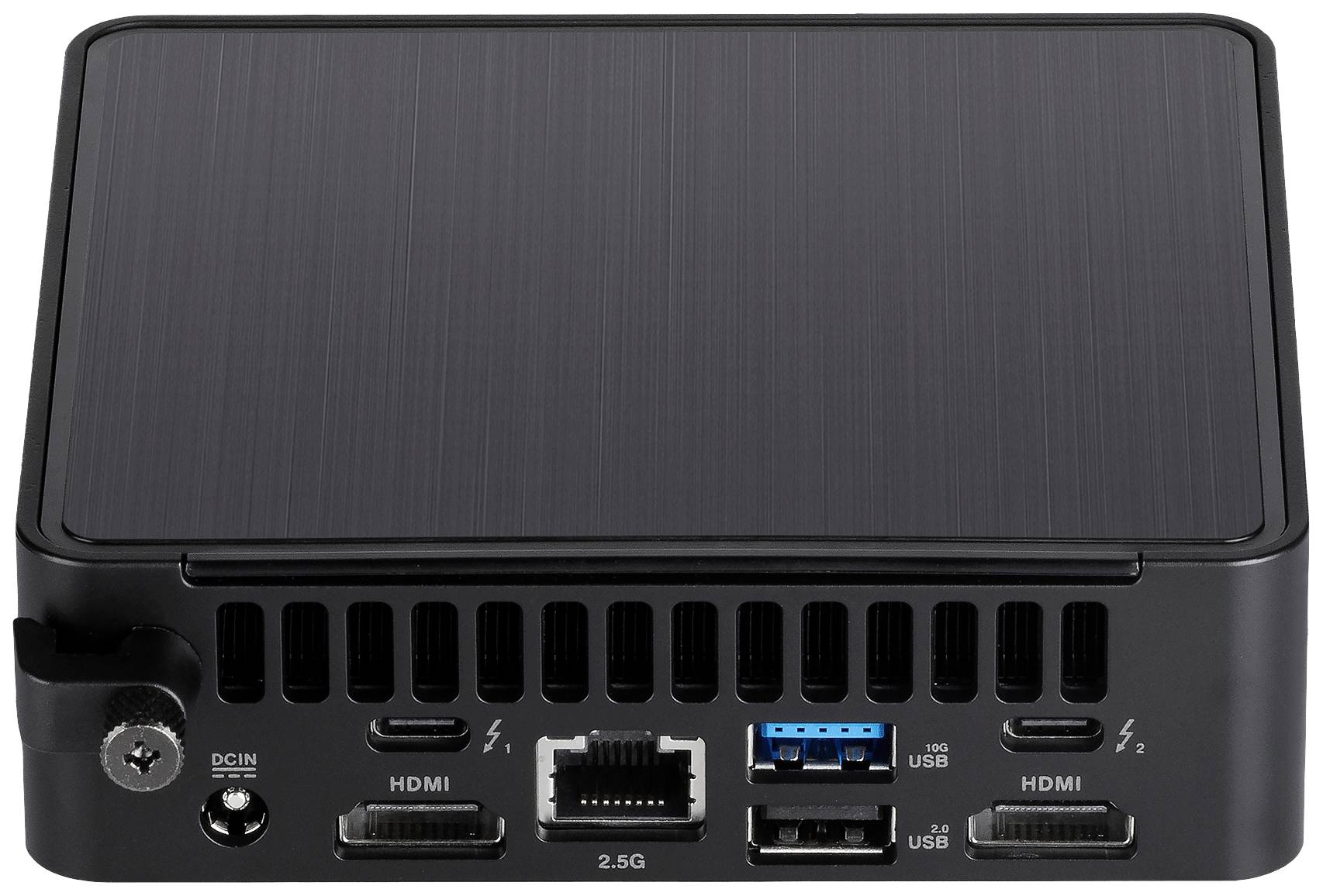 Ein kompakter schwarzer Computer mit mehreren Anschlüssen auf der Rückseite, einschließlich HDMI, Ethernet und USB-Ports.