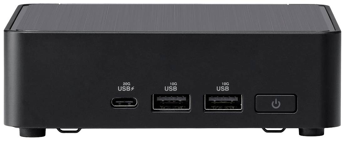 Ein schwarzes Computergehäuse mit zwei USB-Ports, einem USB-C-Port und einem Netzschalter auf der Vorderseite.