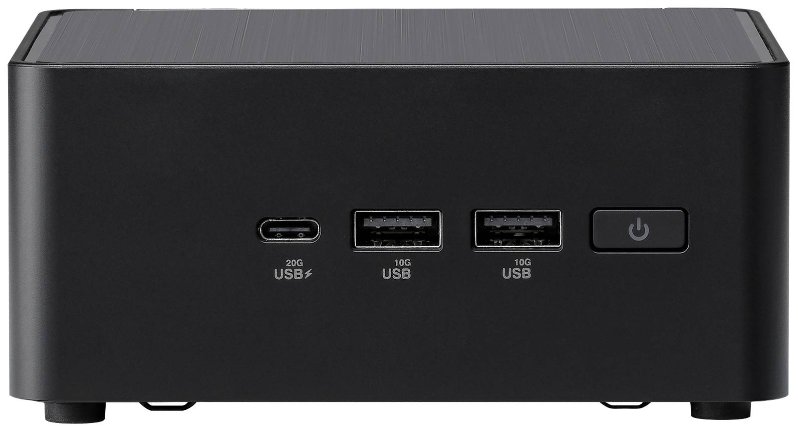 Ein schwarzer Mini-PC mit USB-Anschlüssen und einem Ein-/Ausschalter an der Vorderseite.
