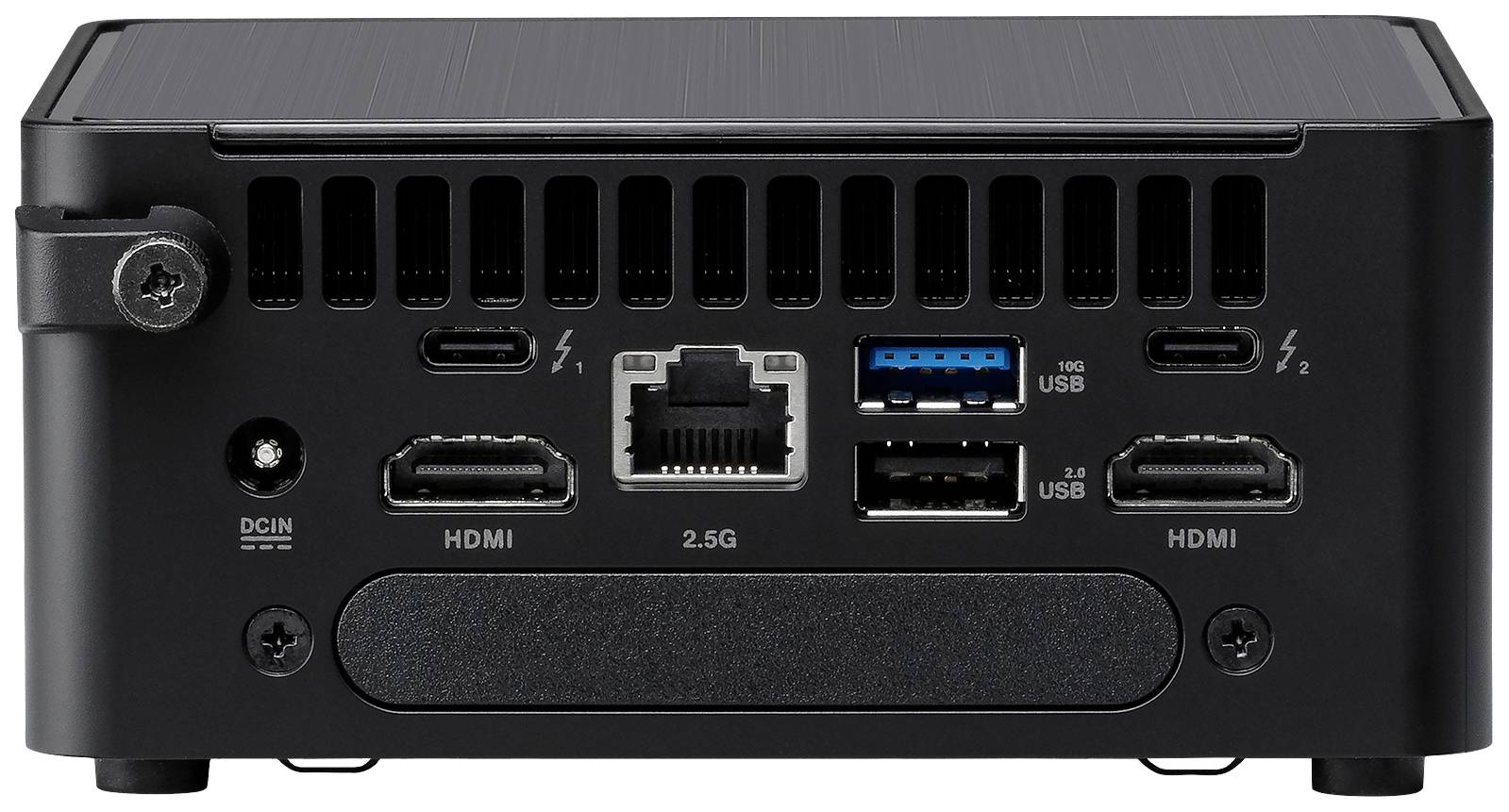 Die Rückansicht eines schwarzen Mini-PCs zeigt Anschlüsse: zwei HDMI, zwei USB-C, drei USB, einen Ethernet-Port und einen DC-Eingang.